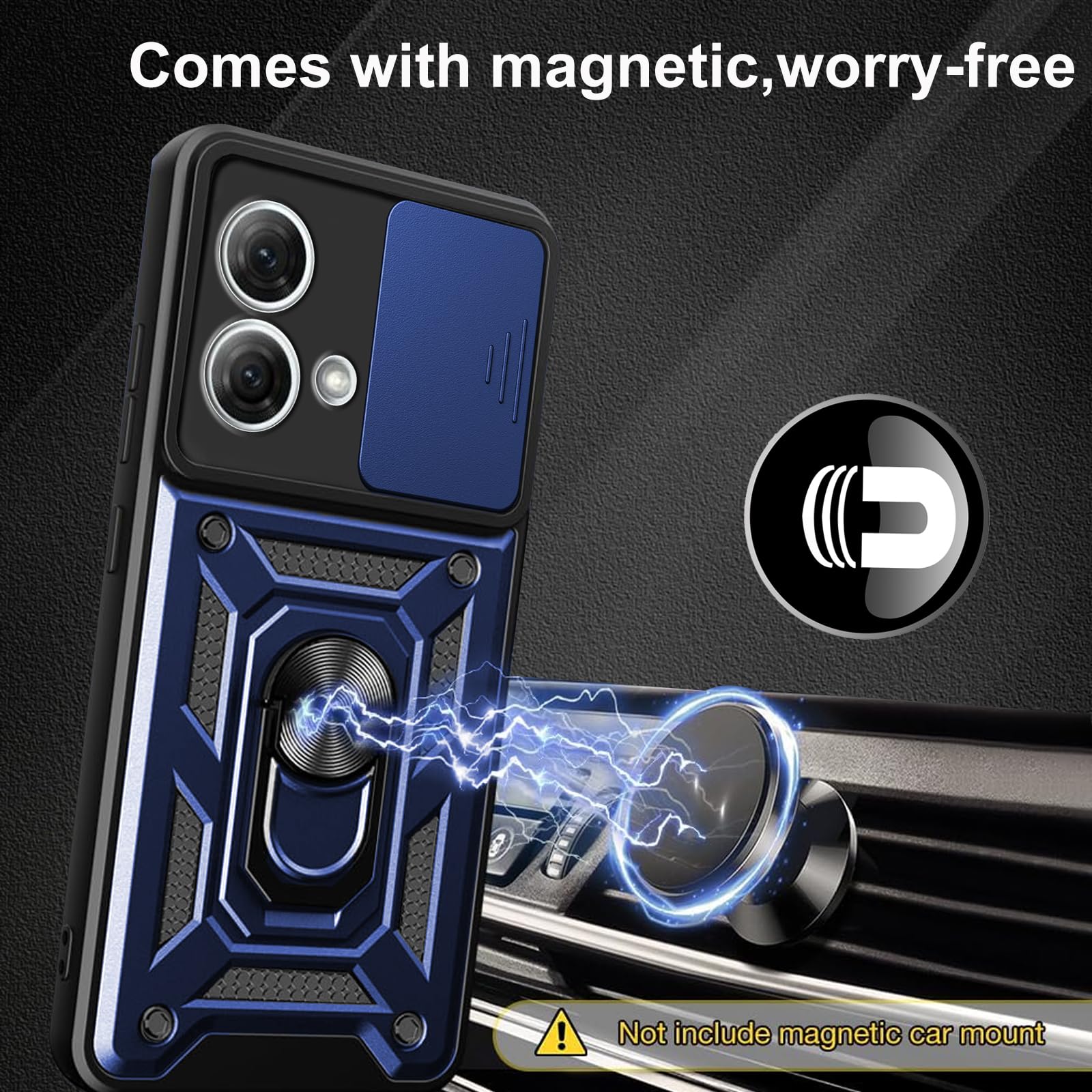 Cover Per Motorola Moto G84 Con Sportellino Fotocamera E Anello Magnetico - Custodia Militare Antiurto TPU+PC Con Supporto Girevole E Piastra Per Supporto Auto (Blu)