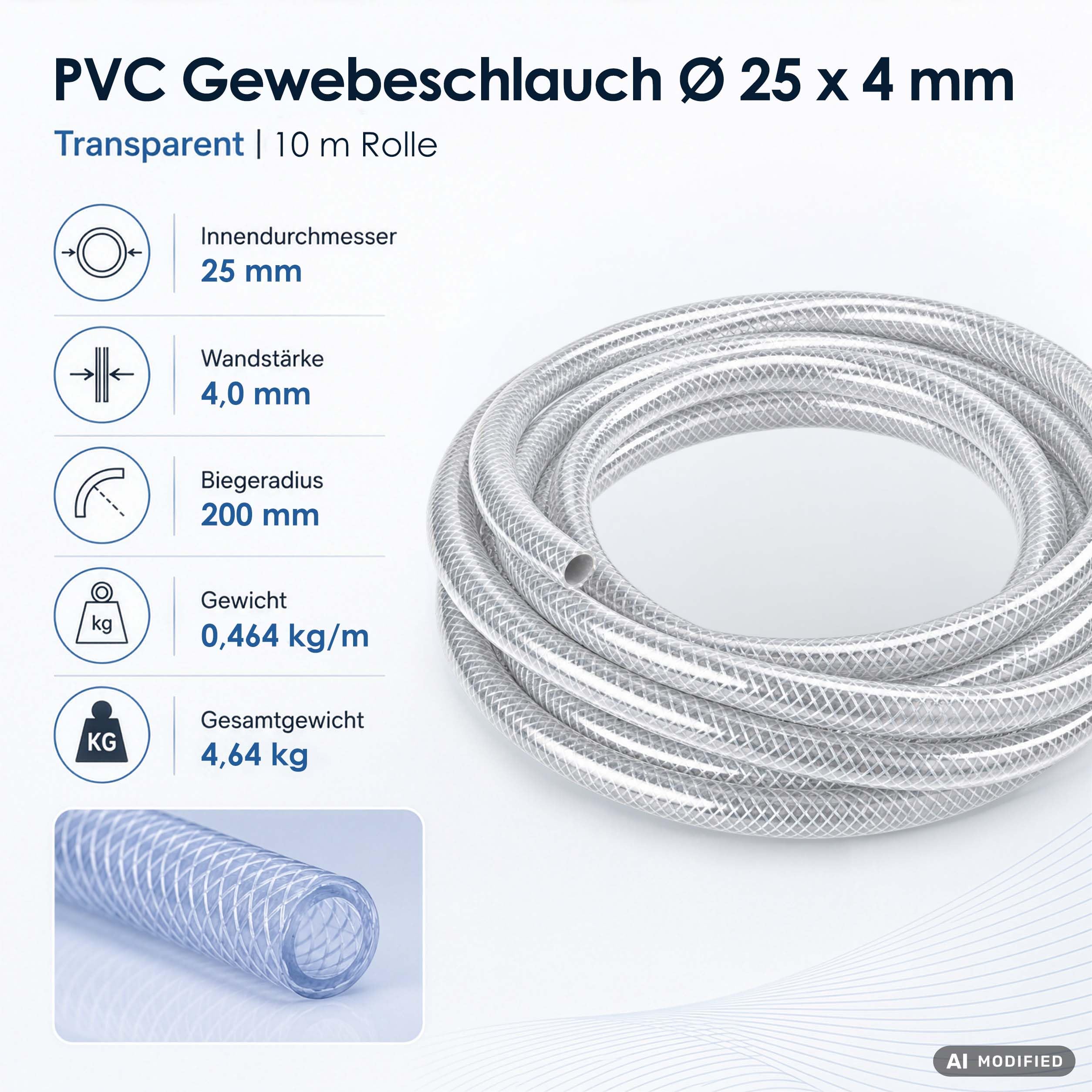 Wiltec Tubo in PVC intrecciato con diametro interno di 25 mm, spessore della parete 4 mm e lunghezza 10 m, tubo per uso alimentare fino a max. 9 bar