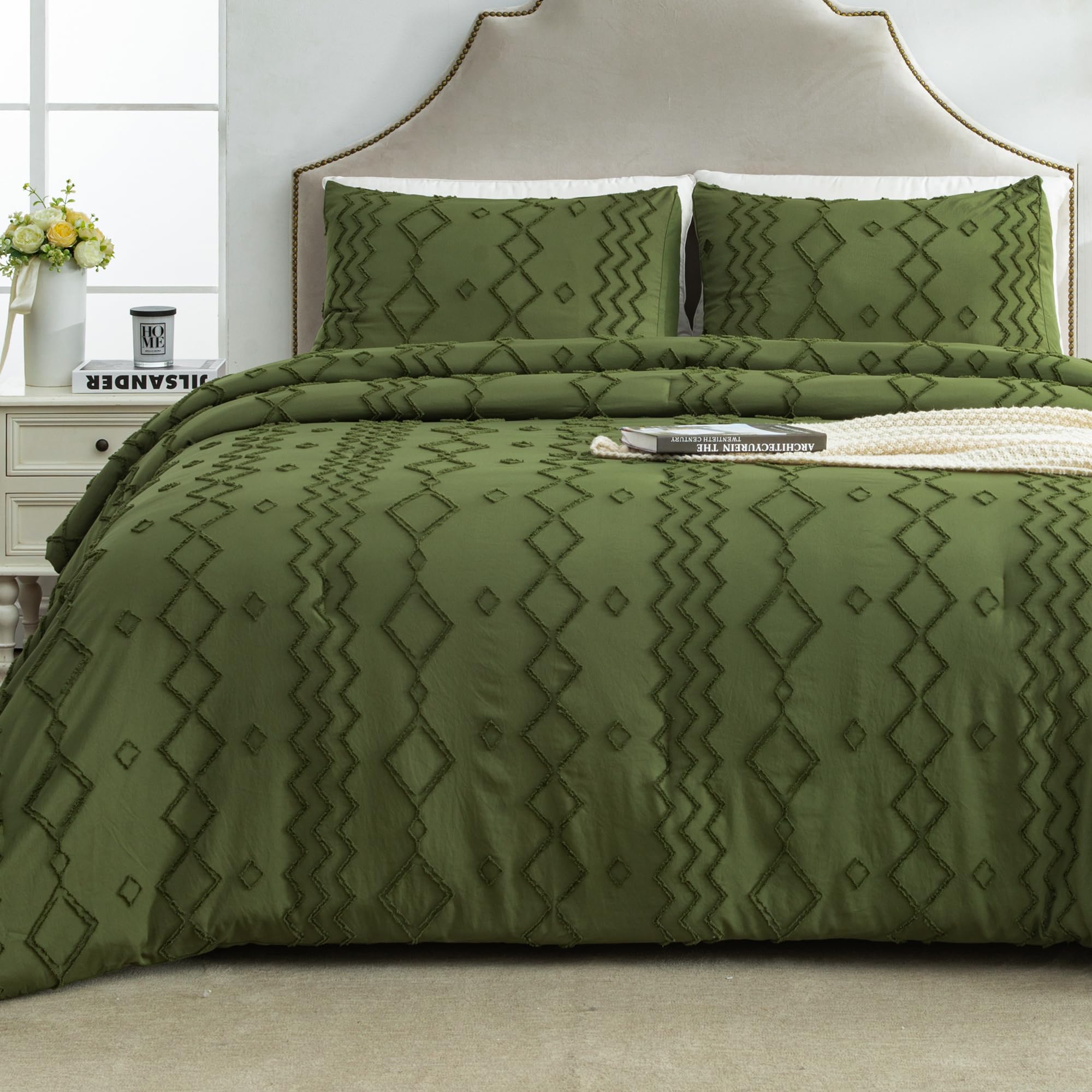 Andency Olive Green Tufted Comforter Set Queen(90x90Inch), 3 Pieces(1 Boho Comforter, 2 Pillowcases) Textured Farmhouse Bed, Soft Microfiber Down