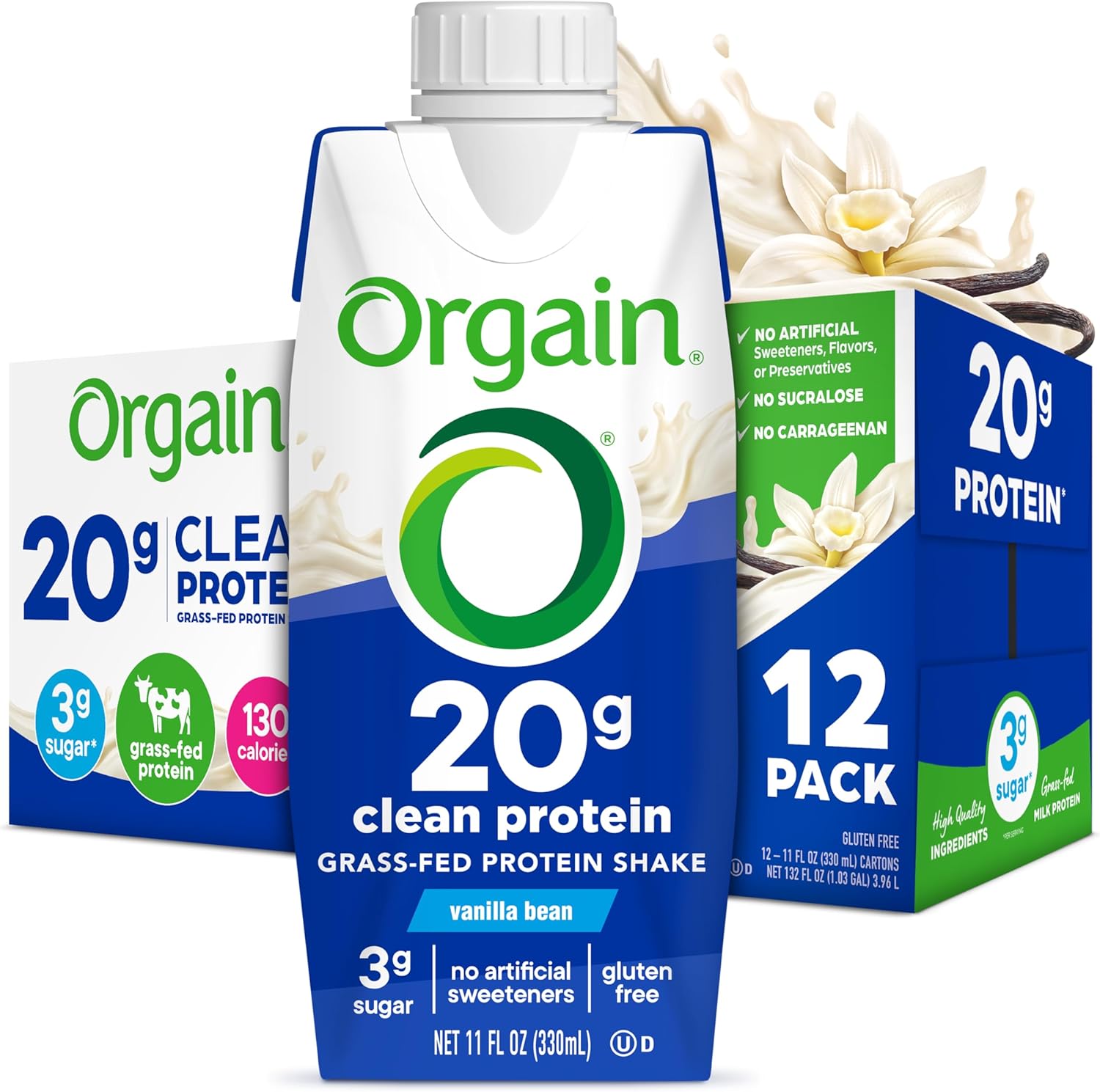 Orgain Clean Protein Shake, Grass Fed Dairy, Vanilla Bean - 20g Whey High Protein, Kosher, Ready to Drink, Low Net Carbs, Gluten Free, No Soy Ingredients, 11 Fl Oz (Pack of 12) Vanilla 11 Fl Oz (Pack of 12) - Image 1 of 7