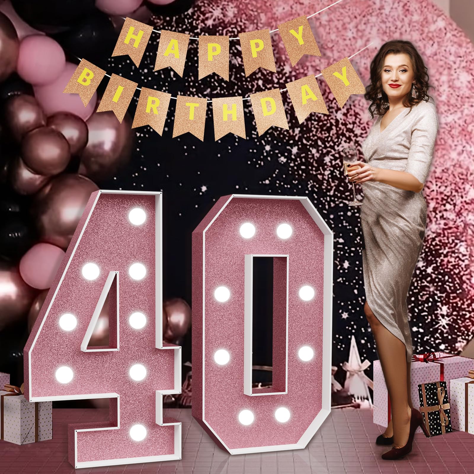 imprsv Marquee Numbers Pink 40th-Birthday Decorations: Large 3ft Light Up Number Rose Gold 40 Birthday Decoration for Women Men Forty Year Old