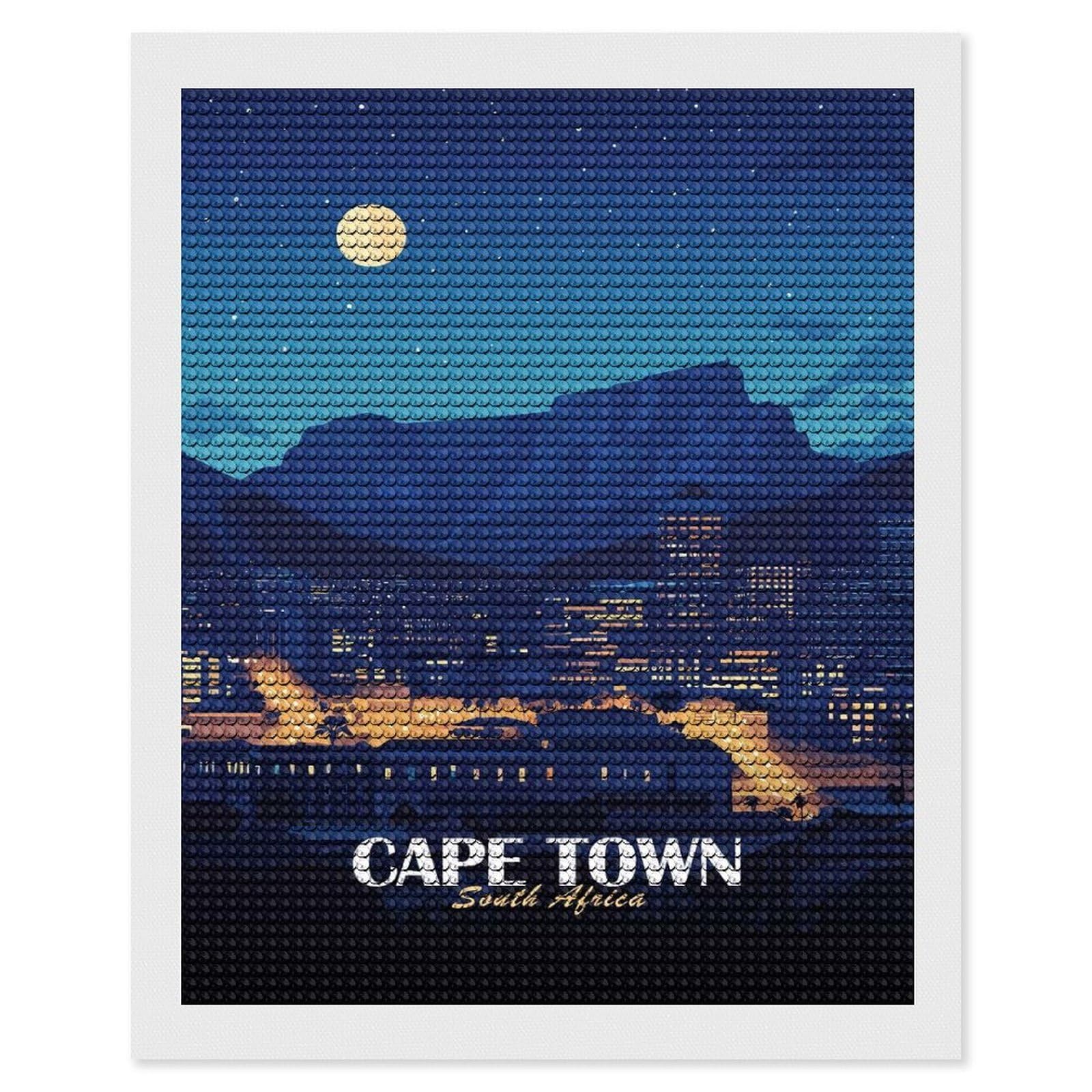 Junmoney Cape Town South Africa Nightscape Round Drill Diamond Painting 16"x20", for Craft Lovers, Stress Relief Craft, Bedroom Decor, Festive Craft Gift