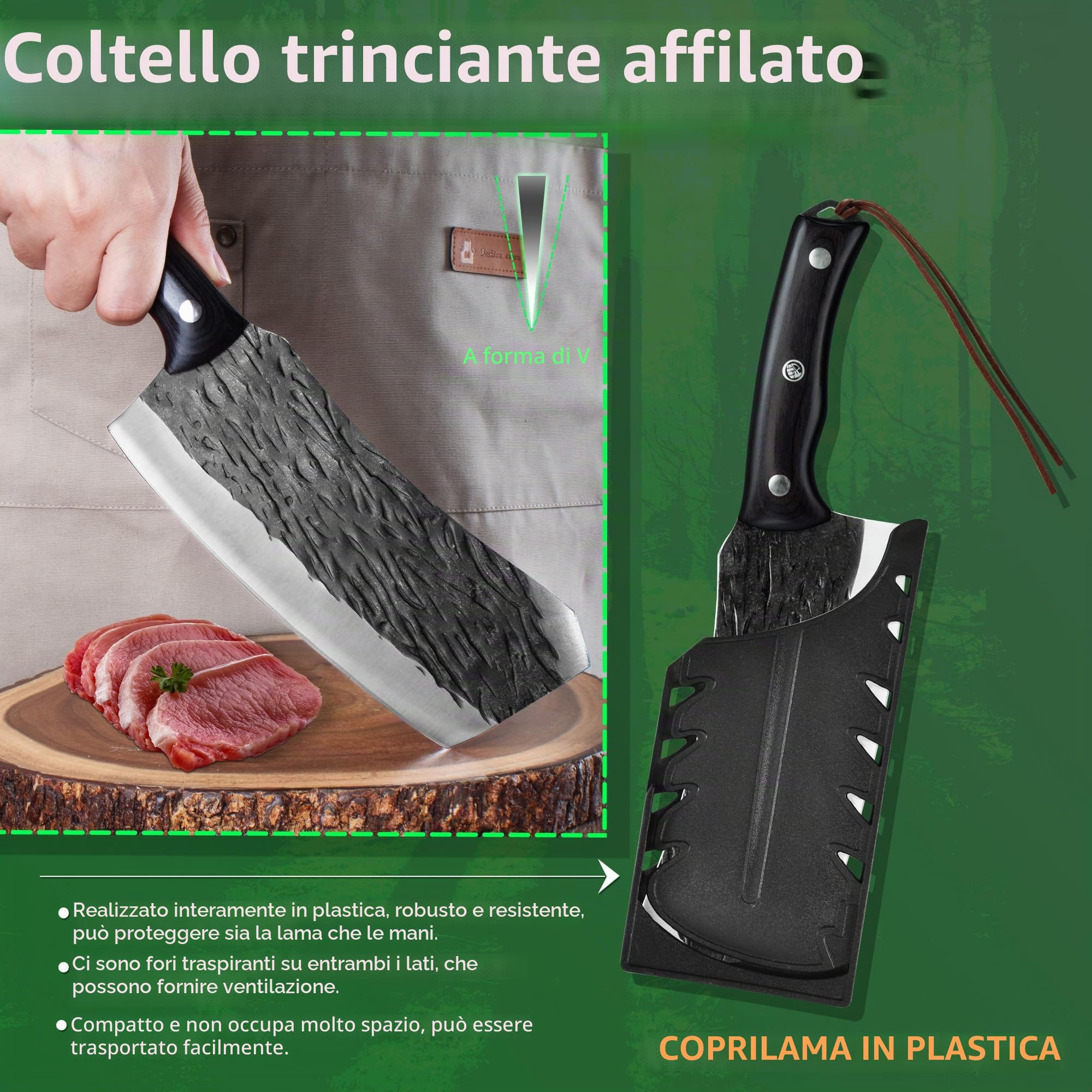 FULLHI Coltelli da cucina con fodero, coltello da chef con manico in legno per cucinare e tagliare la carne, coltelli per verdure e frutta. (nero, 30,2)
