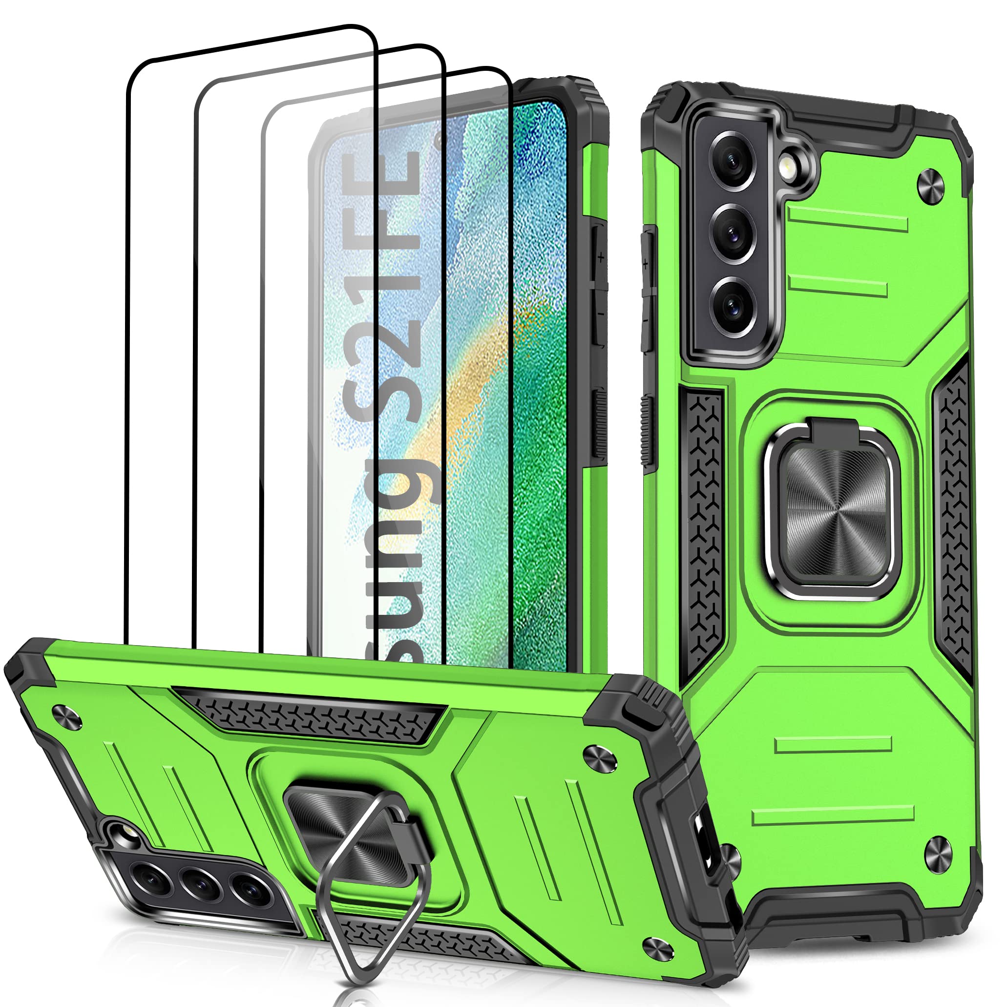 Case for Galaxy S21 FE 5G with 3 Pcs Tempered Glass Screen Protector, Military-Grade Built in Magnetic Ring Kickstand Dual Layer Hybrid Shockproof