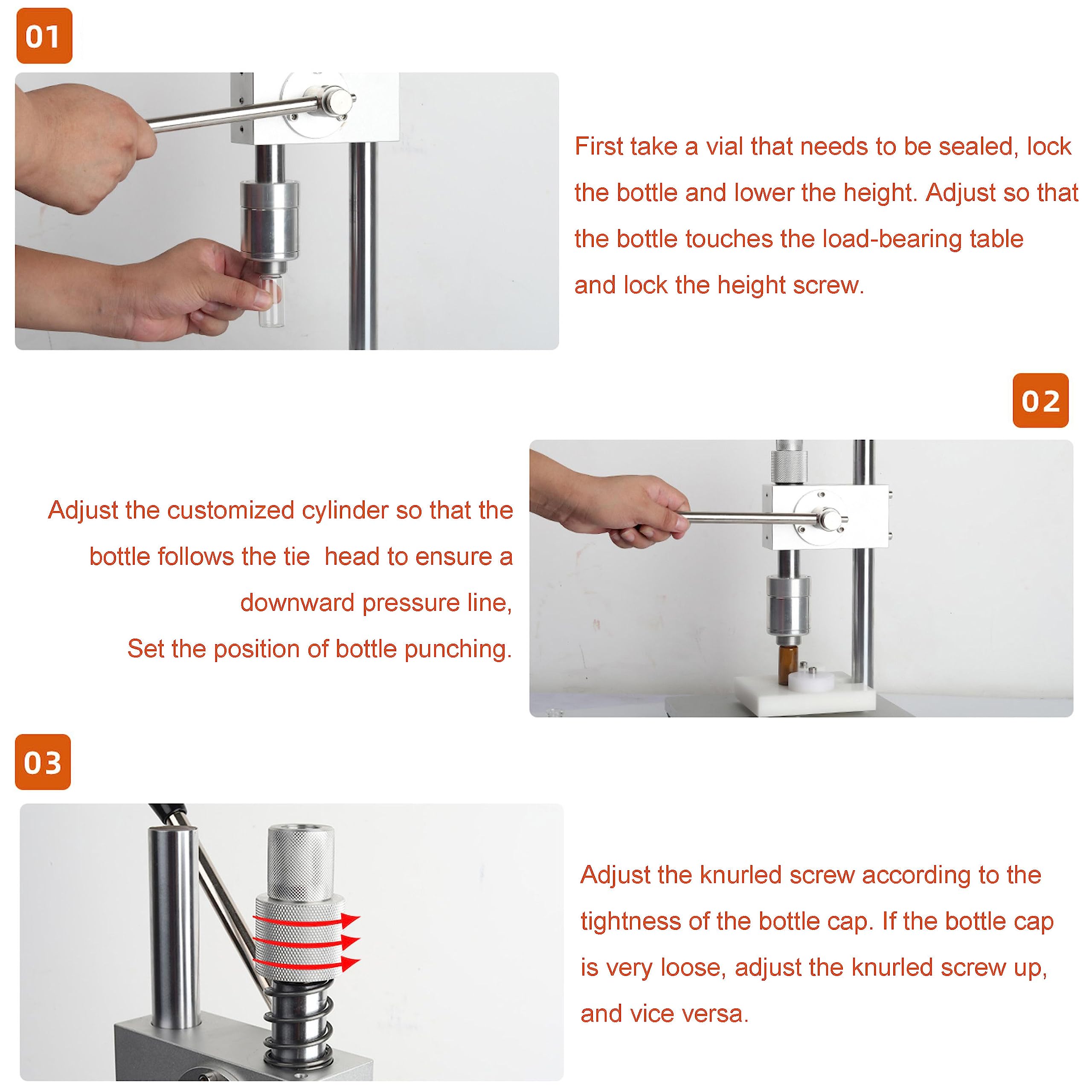 Máquina de sellado manual de viales, herramienta de crimpado de altura ajustable para un sellado eficiente de tapas de botellas en laboratorios y farmacias