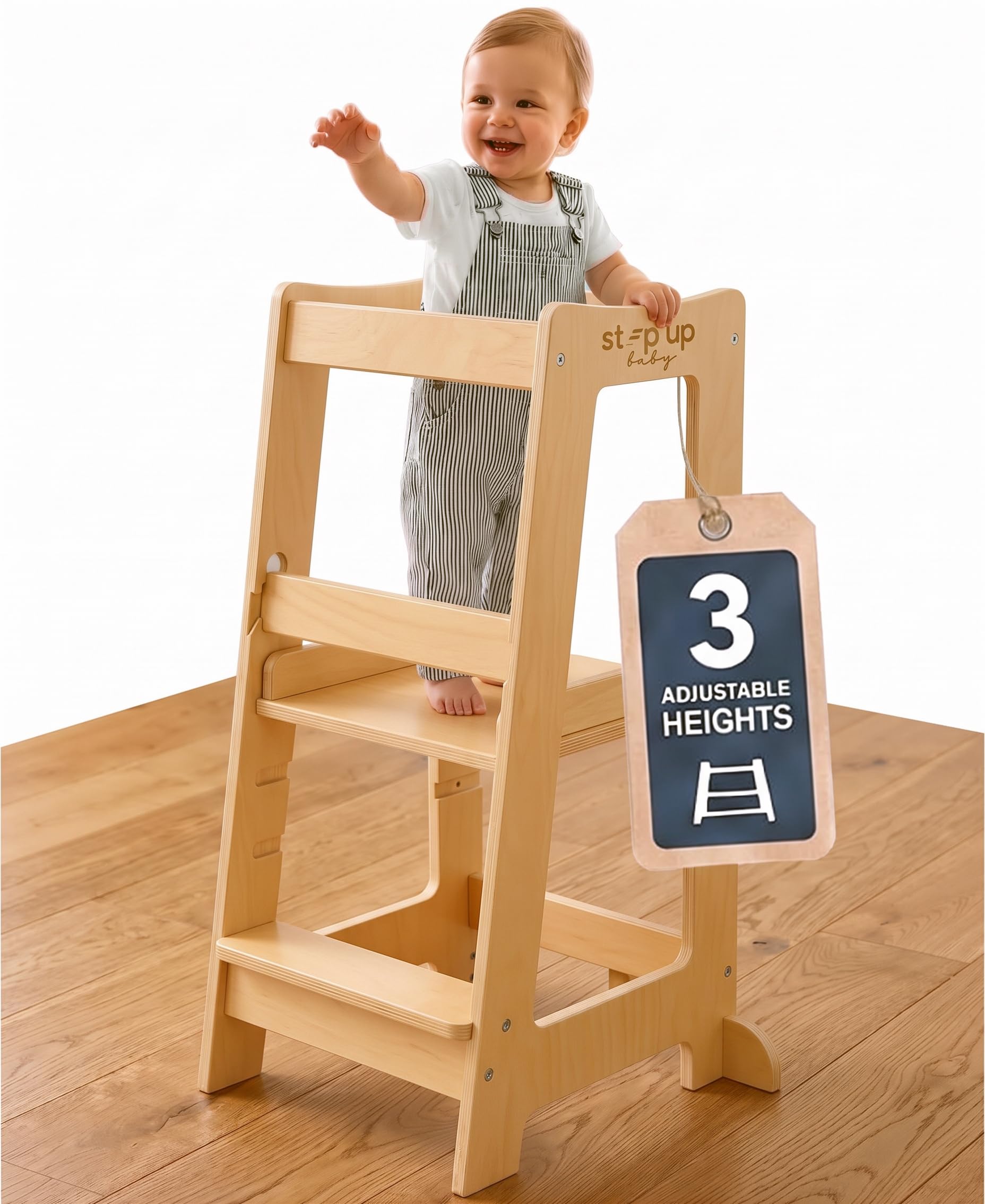 Toddler Tower 3-Level Adjustable Wooden Toddler Step Stool Natural