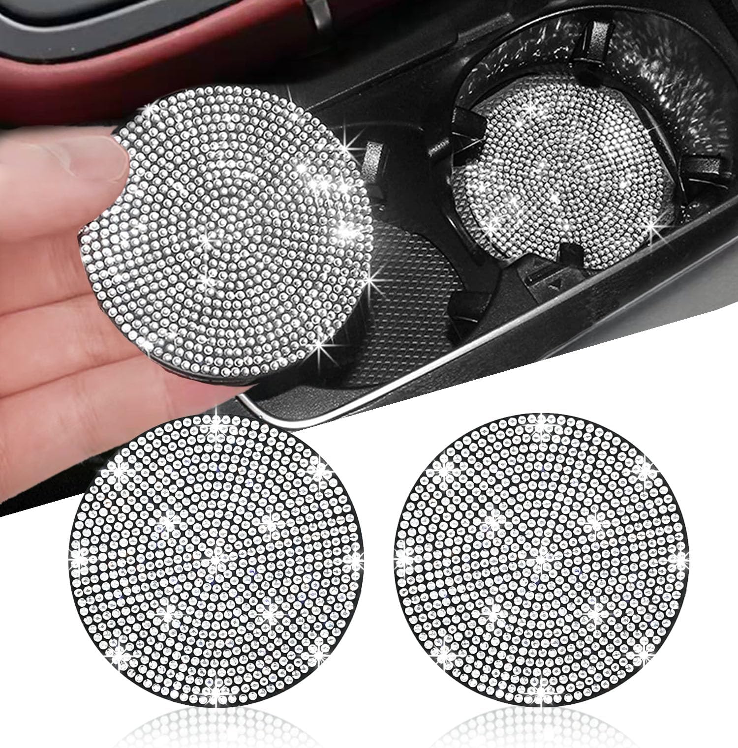 NBTEPEM 2pcs Bling Car Cup Holder Coaster, 2.75 inch Anti-Slip Shockproof Universal Fashion Coasters Insert Crystal Rhinestone Automotive Interior Accessories for Women (2 pcs, White)