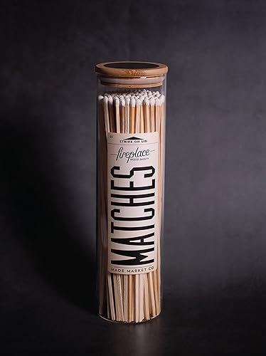Made Market Co. Fireplace Matches in Glass Vessel Approx. 120 Long Wood Colored Tip Safety Matchsticks for Decor Long 10 Match Sticks Bottle Jar