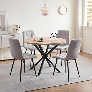 Juego de Comedor Mesa Redonda 100cm y 4 Sillas de Comedor Tapizadas, Conjunto Mesa y Sillas (Madera Clara+Gris (Pana))