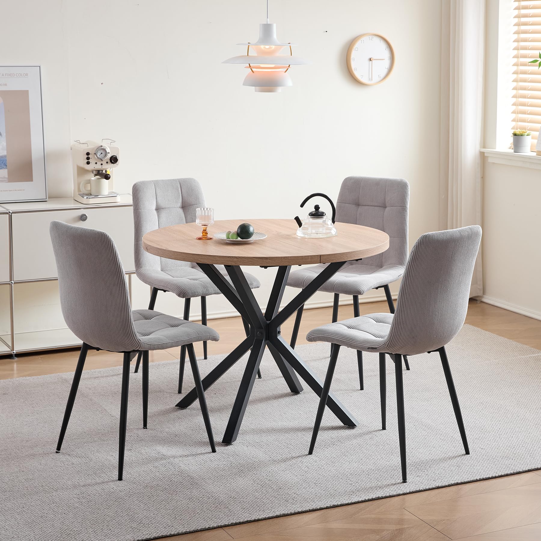 Essgruppe 5-Teilig, 100cm Runder Esstisch und 4 Esszimmerstühle (Cord), Tisch und 4 Stühle für Küche, Wohnzimmer, Balkon, Restaurant, Büro (Helle Holzfarbe+Grau (Cord))