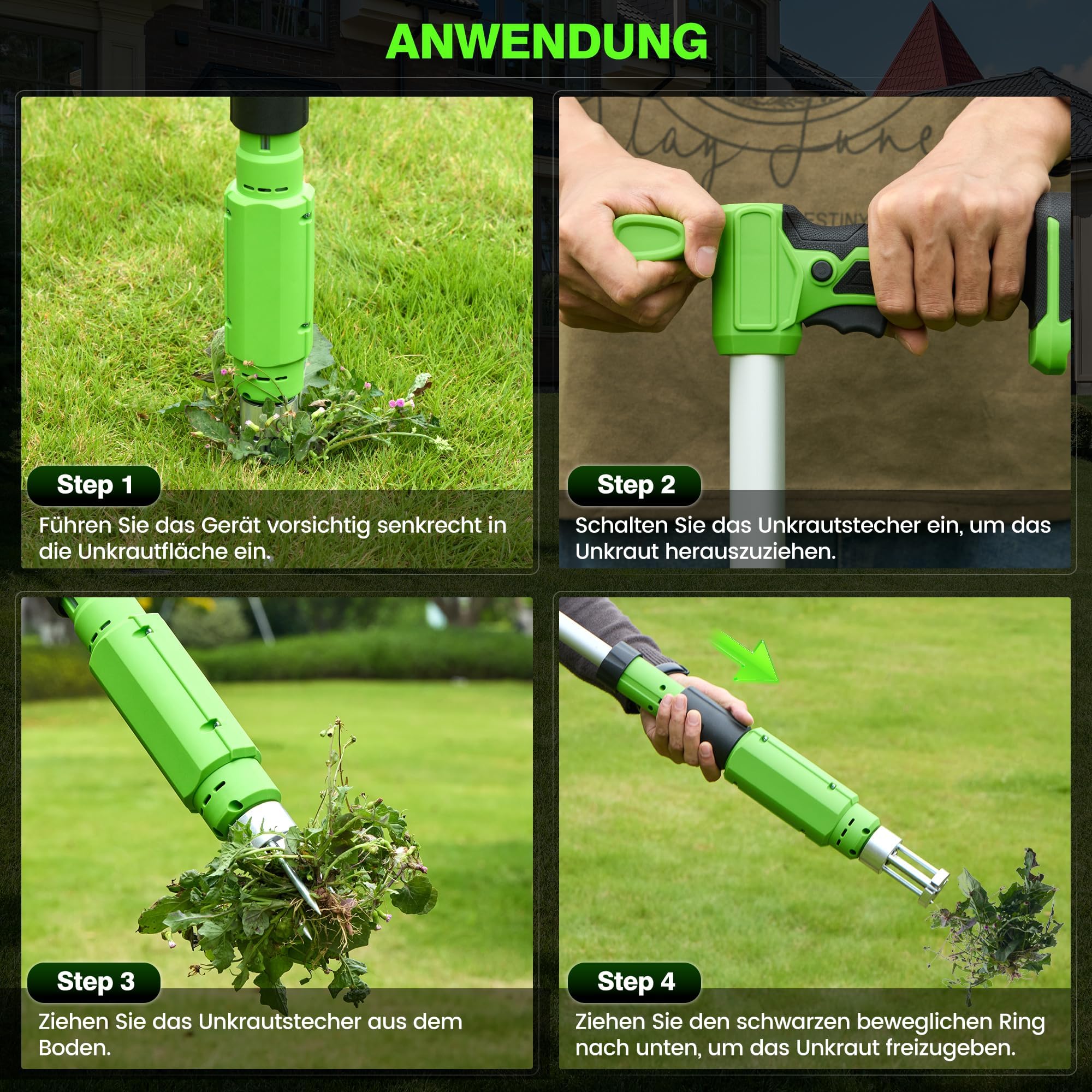 Elektrischer Unkrautstecher, 21V Akku Stand-Up Unkrautentferner Löwenzahnstecher, verstellbarer Griff, Stahlkopf mit 3 Zinken, Unkrautzieher für den Garten, tolles Geschenk für Mama, Papa, Oma und Opa