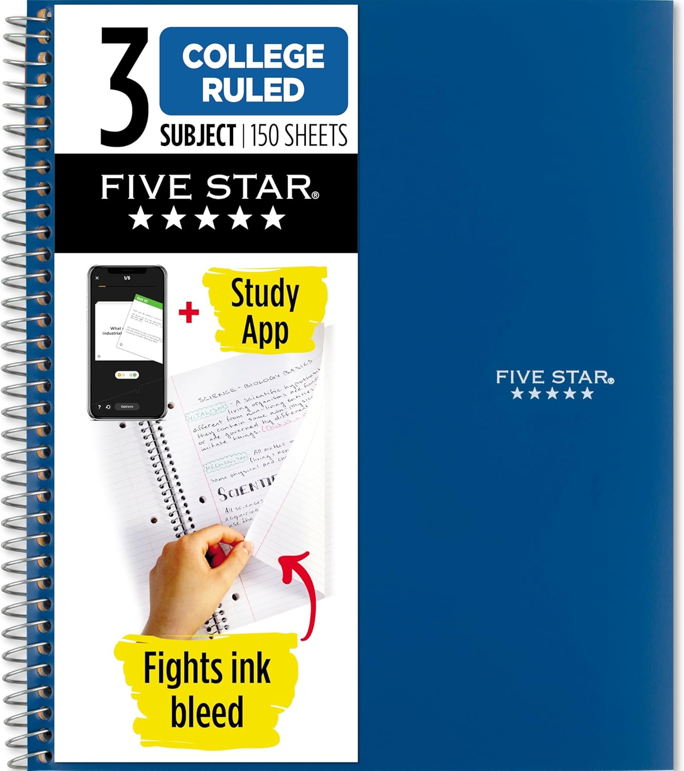 Five Star Spiral Notebook + Study App, 3 Subject, College Ruled Paper, 8-1/2″ x 11″, 150 Sheets, Fights Ink Bleed, Water Resistant Cover, Pacific Blue (73623)