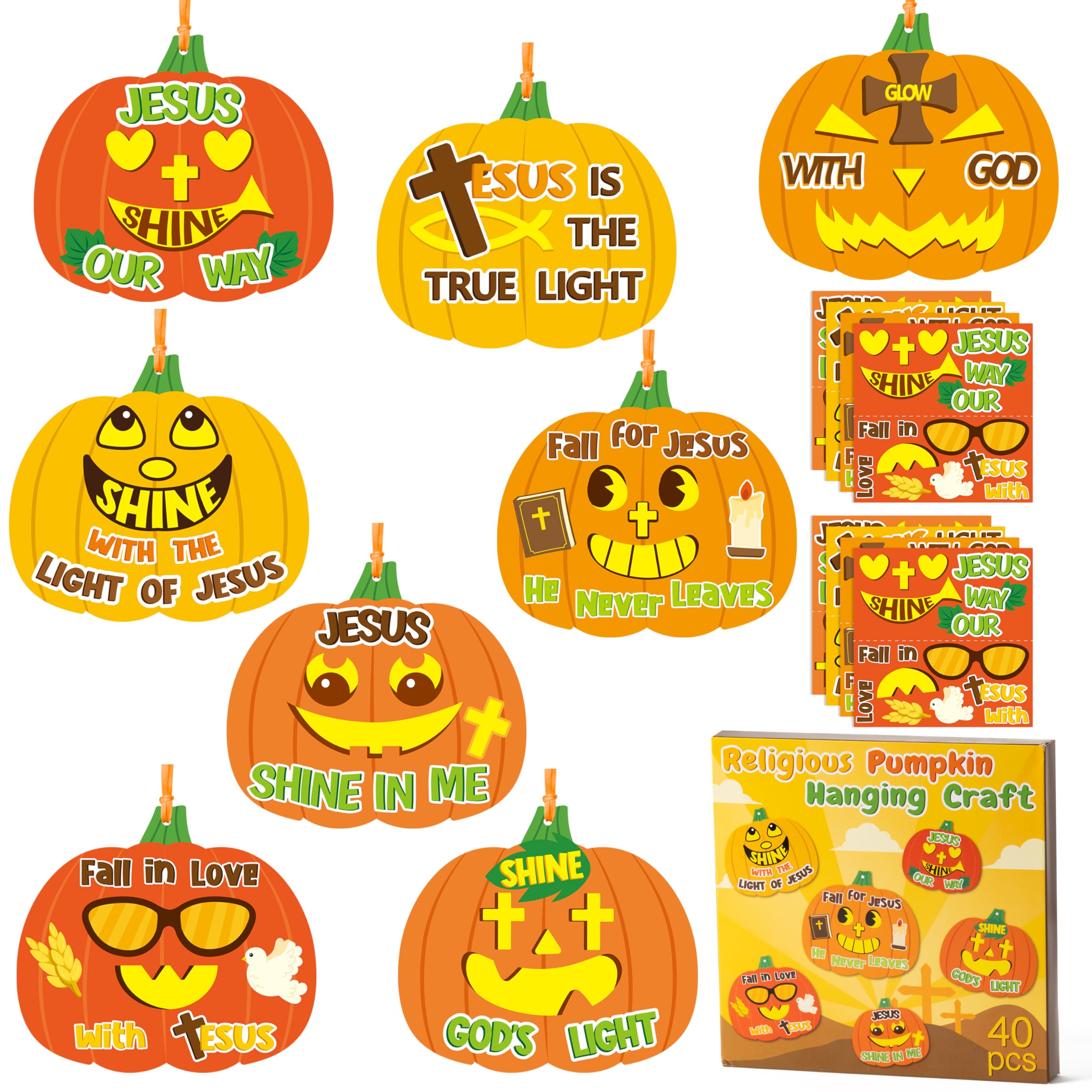 B1ykin Halloween Fall Pumpkin Craft Kit - 40Pcs Christian Fall Jesus Pumpkin Cross Hanging Ornaments with Ribbons, DIY Thanksgiving Religious Faith Crafts for Kids Sunday School Party Home Activities
