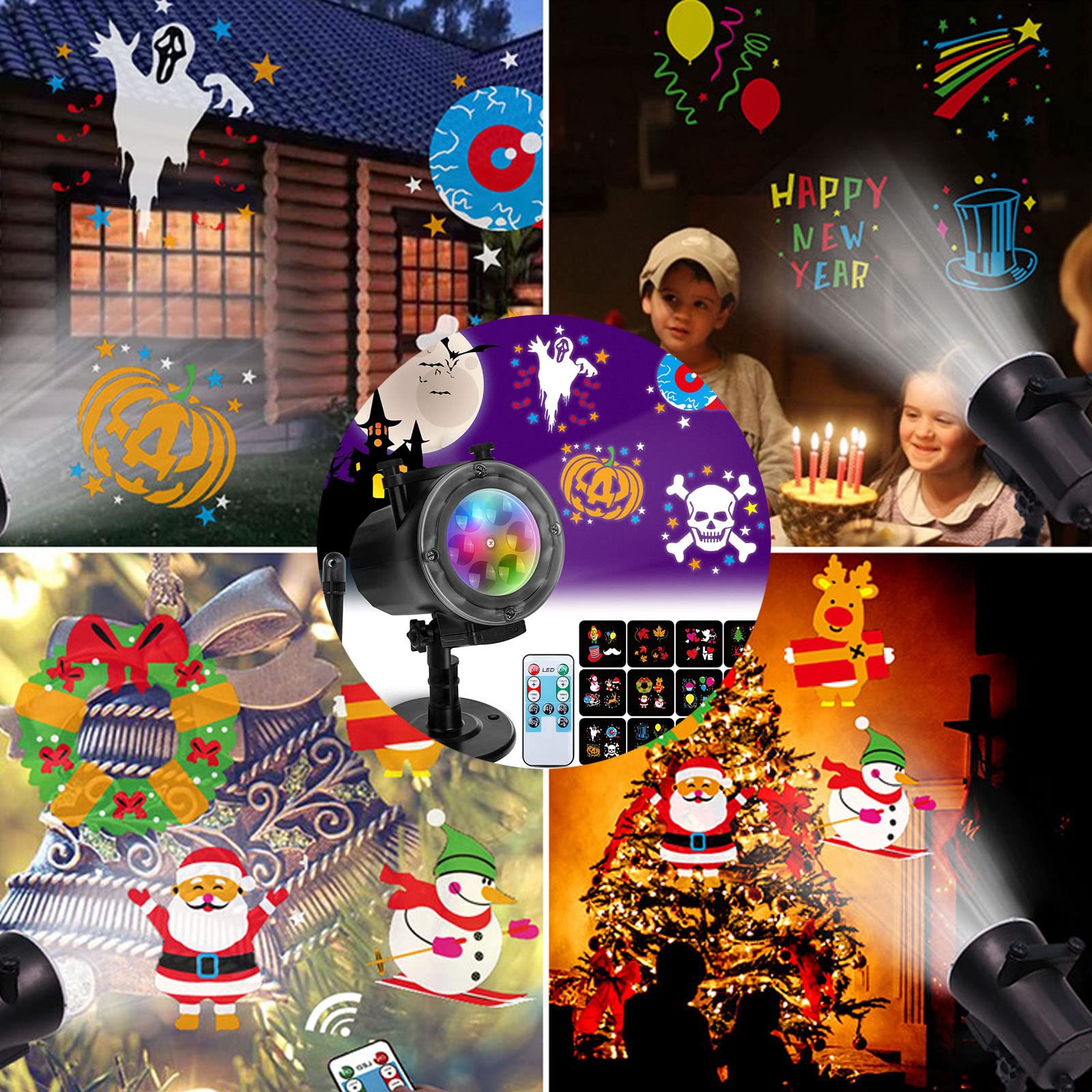 Projecteur de Noël Lumières Extérieures, Lampe de Projecteur de Noël LED avec 12 Diapositives Mobiles, Projecteur de Décoration Imperméable Flocon de Neige avec Télécommande pour Nouvel An Vacances No