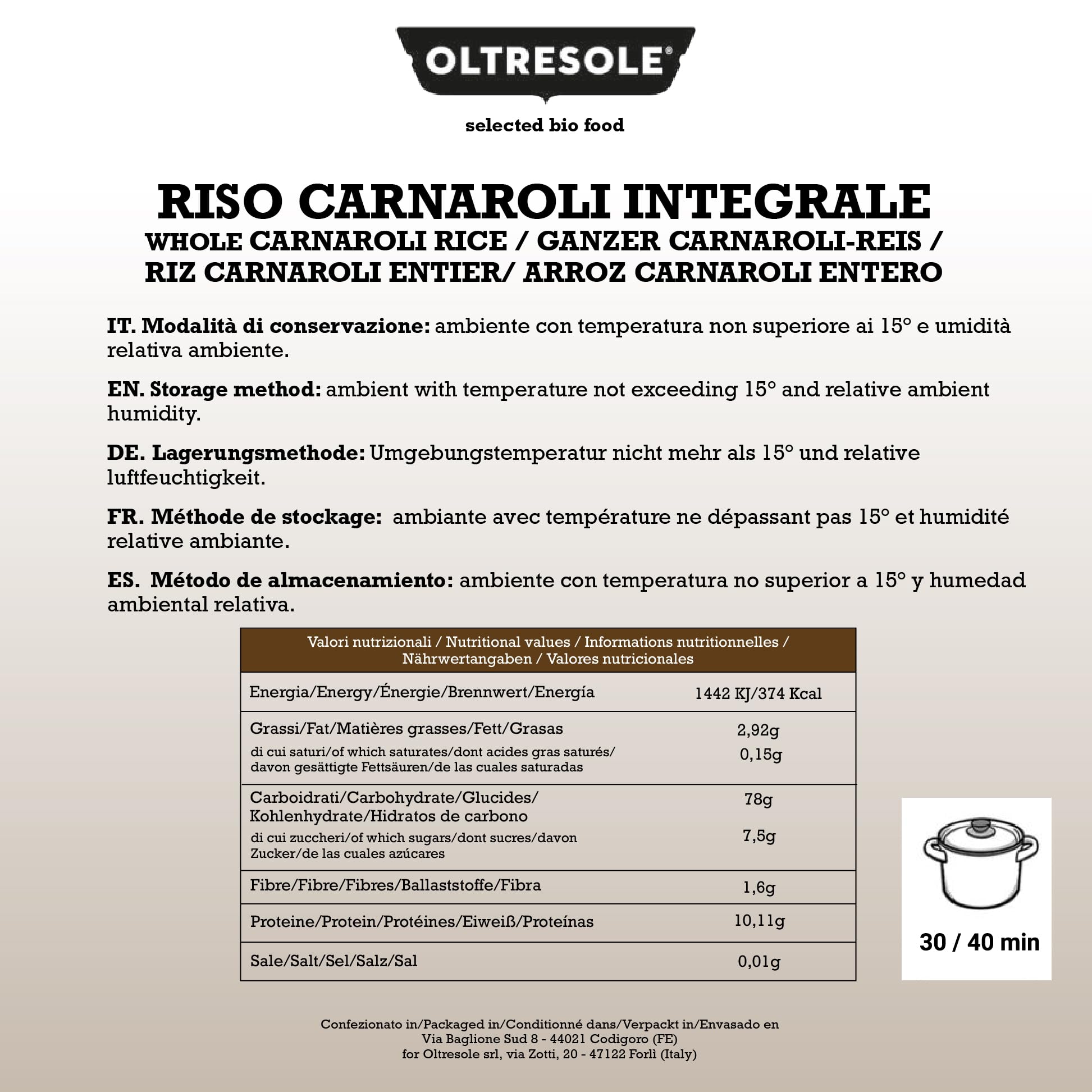 Oltresole, Arroz Carnaroli Artesano Italiano Integral, Arroz sin refinar con alto contenido en fibra, ideal para risottos y ensaladas de arroz, Envase al vacío de 4 x 500 g