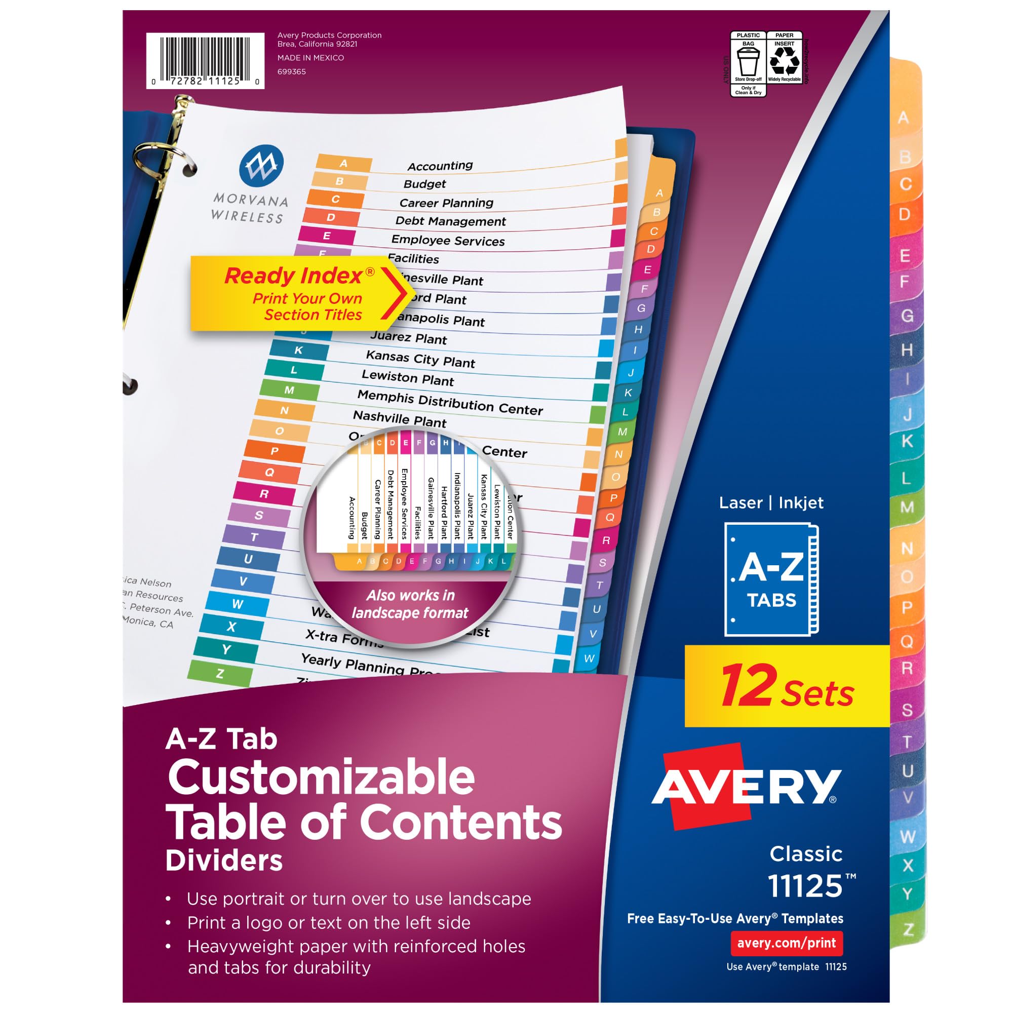 Avery Ready Index(R) 11125 - Divisori per sommario, 26 schede, A-Z, confezione da 12 pezzi