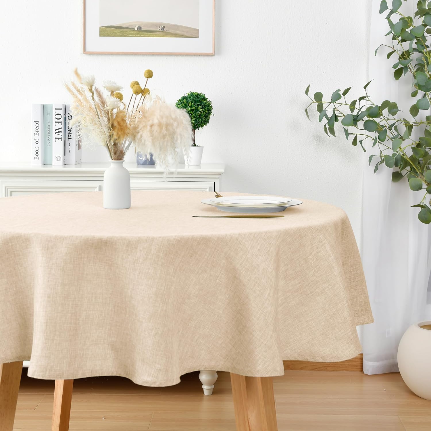 JIUZHEN Round Table Cloth Faux Linen Farmhouse Tablecloth Wrinkle and Stain Resistant Decorative Fabric Table Cover for Kitchen, Dining Room, Parties and Camping, Beige, 90 Inch Round