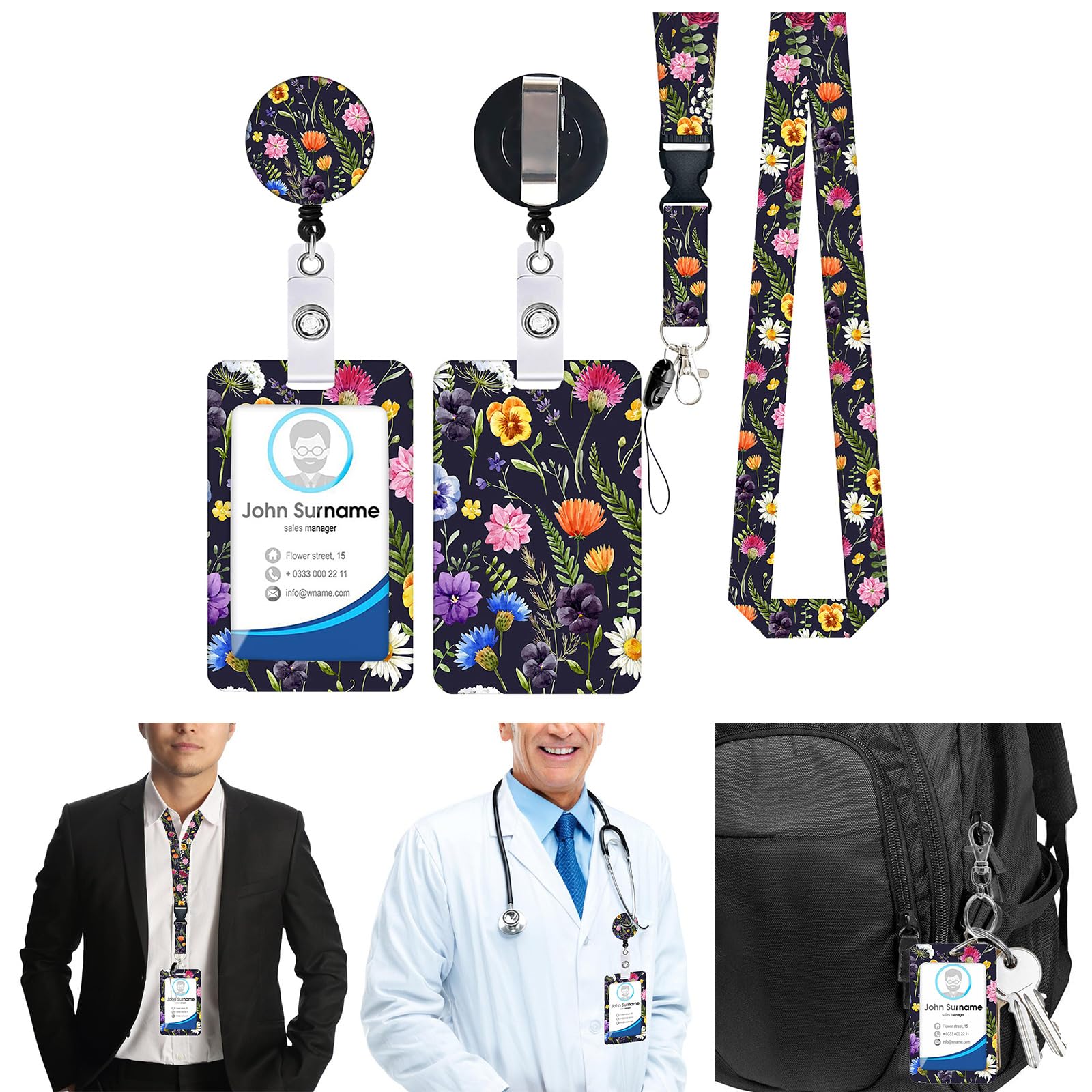 RGYBAO Flowers Retractable Badge Holder Oil Painting Lanyard with Carabiner Clip Neck Strap for Teacher Nurse Doctor