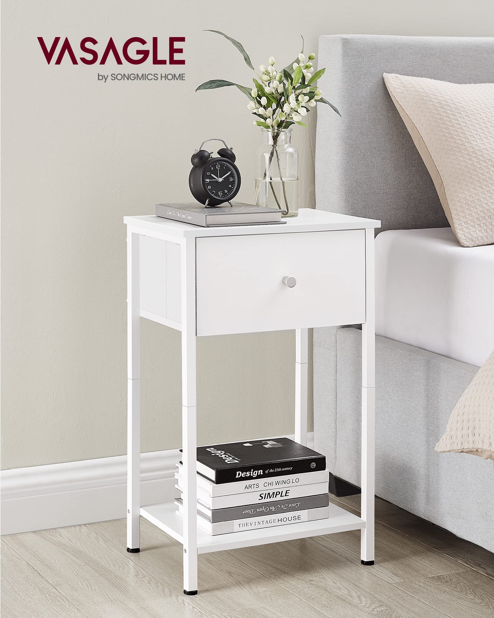 VASAGLE Nachttisch, Beistelltisch mit Stoff-Schublade, 61 cm hoher Nachtschrank, mit Ablage, für Wohnzimmer, Schlafzimmer, weiß LGS221W14