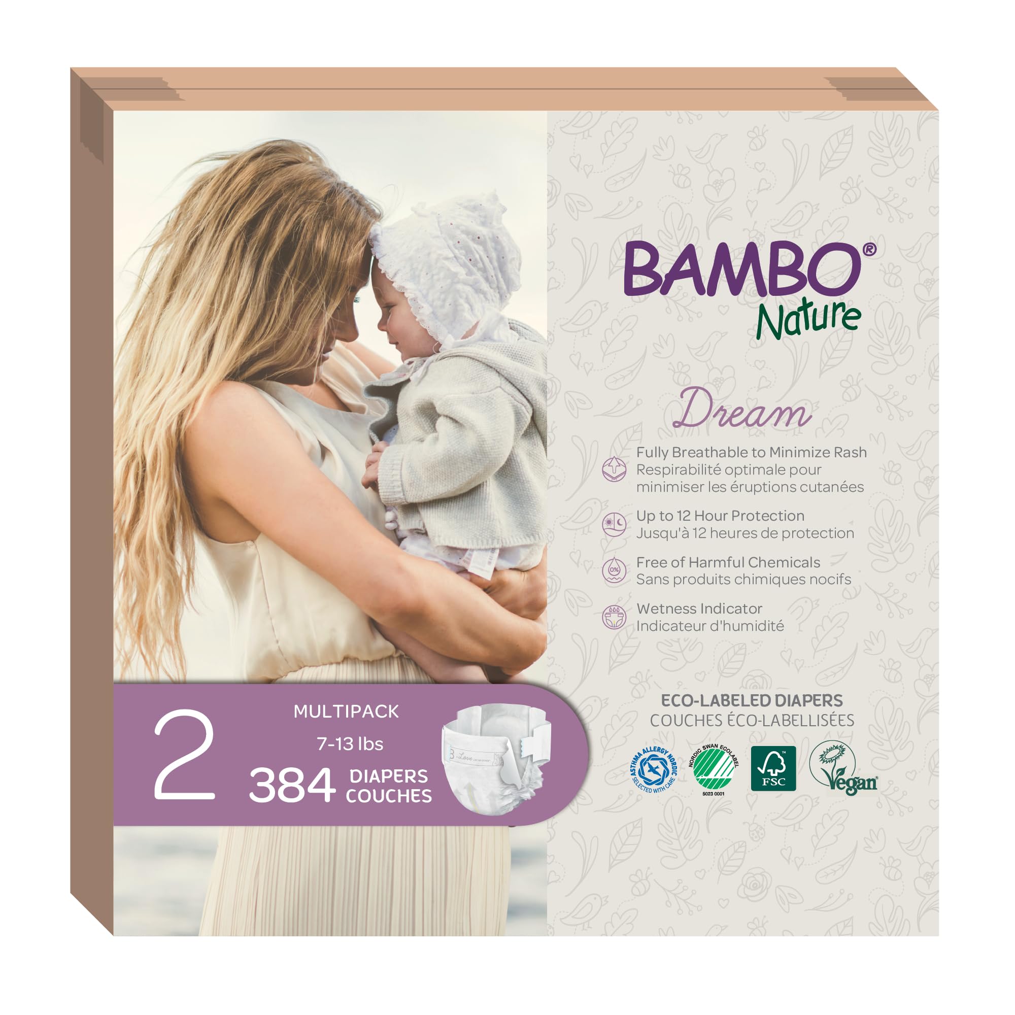 Bambo Nature Pañales hipoalergénicos Dream para bebé, pañales sostenibles con etiqueta ecológica, protección mejorada contra fugas, totalmente sin cloro, agradables a la piel y súper absorbentes