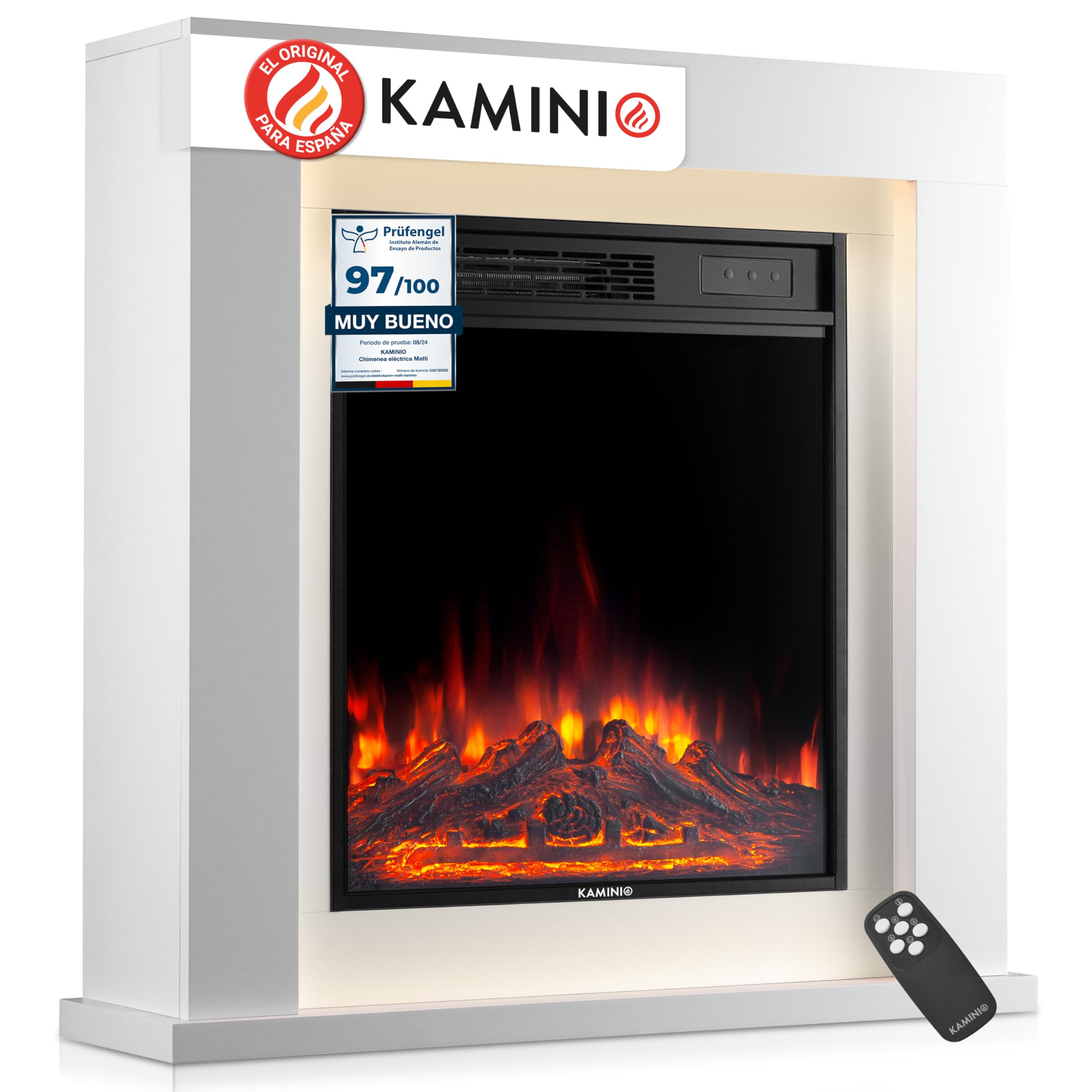 KAMINIO Chimenea eléctrica Matti - Chimenea eléctrica de pie con calefacción, Efecto de Llama 3D, Luz Ambiental LED, Control Remoto - 32 Pulgadas (Blanco)