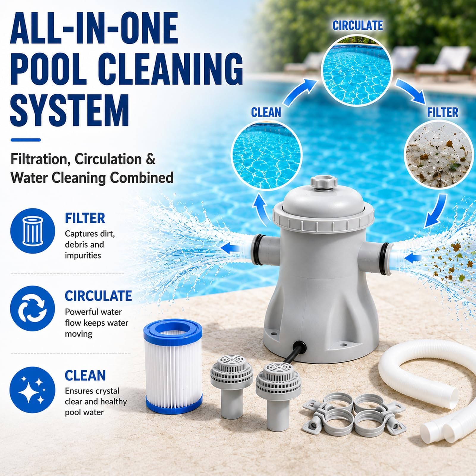 Pompa filtrante per piscina, 330 galloni per piscine gonfiabili fuori terra, pompe efficienti per filtri a cartuccia, sistema di pompe di filtri elettrici, tubi da 32 mm, 16 W a basso rumore