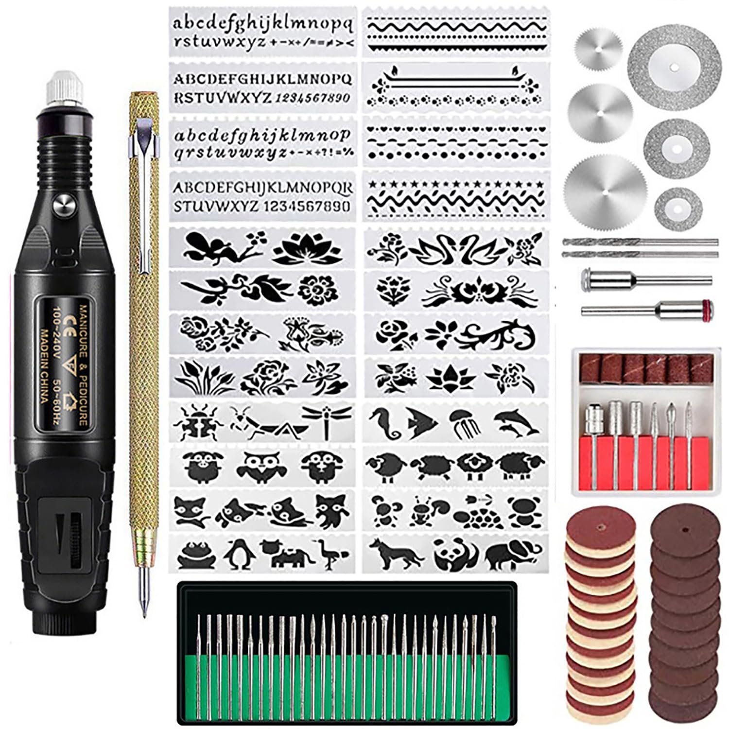 Tazweeq108PCS Engraving Tool Kit, Multi-Functional Electric Micro Engraver Pen with DIY Rotary Tool, Adjustable Stepless Speed, 82 Accessories, 24 Stencils for Metal, Glass, Wood, Ceramic, Plastic