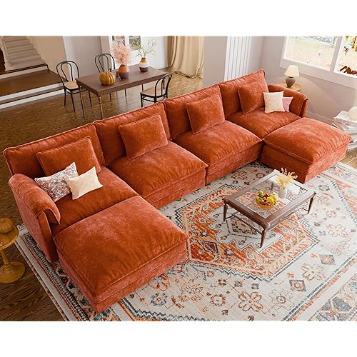 ELUCHANG 150" Oversized Modular Sectional Sofa, Comfy Deep Seat Cloud Couch, 6 Seater U Shaped Modern Sofa with Removable Cover for Living Room, Apartment, DIY Combination, Chenille Terracotta