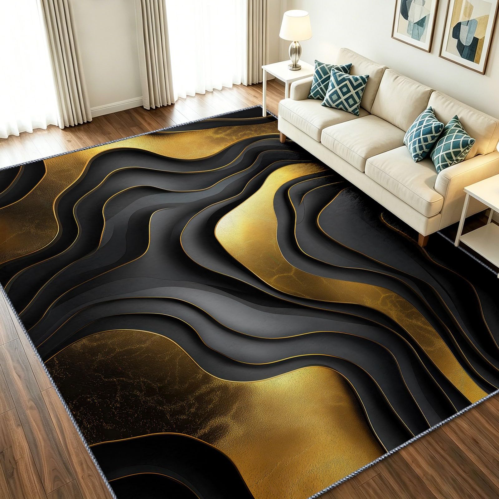 Tapis 120 x 180 cm de salon noir avec motif 3D abstrait et relief