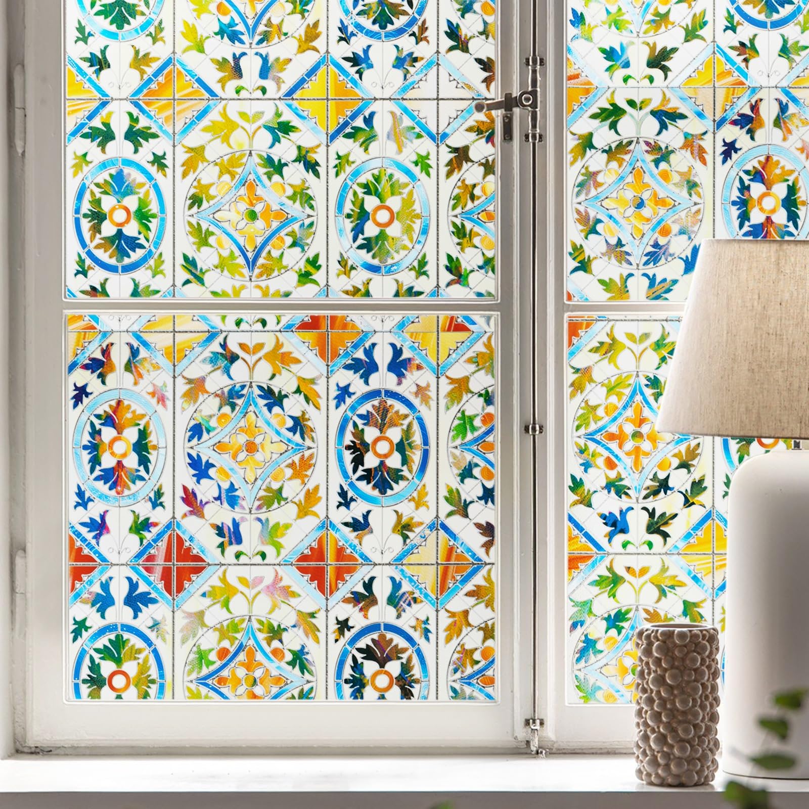 LEMON CLOUD Window Privacy Film, 3D Stained Glass Window, Static Cling Window Sticker, Non-Adhesive Heat Control Window Film Decorative for Home, Glass Door (Retro Style,23.6 x 35.4inch)