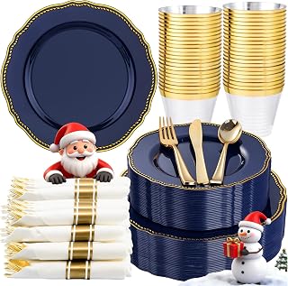 Hioasis 175pcs Blue Gold Plastic Plates - Gold Plastic Dinnerware Set Includes 25 Dinner Plates, 25 Dessert Dinnerware, 25 Cups, 25 Napkins Perfect for Christmas & Party