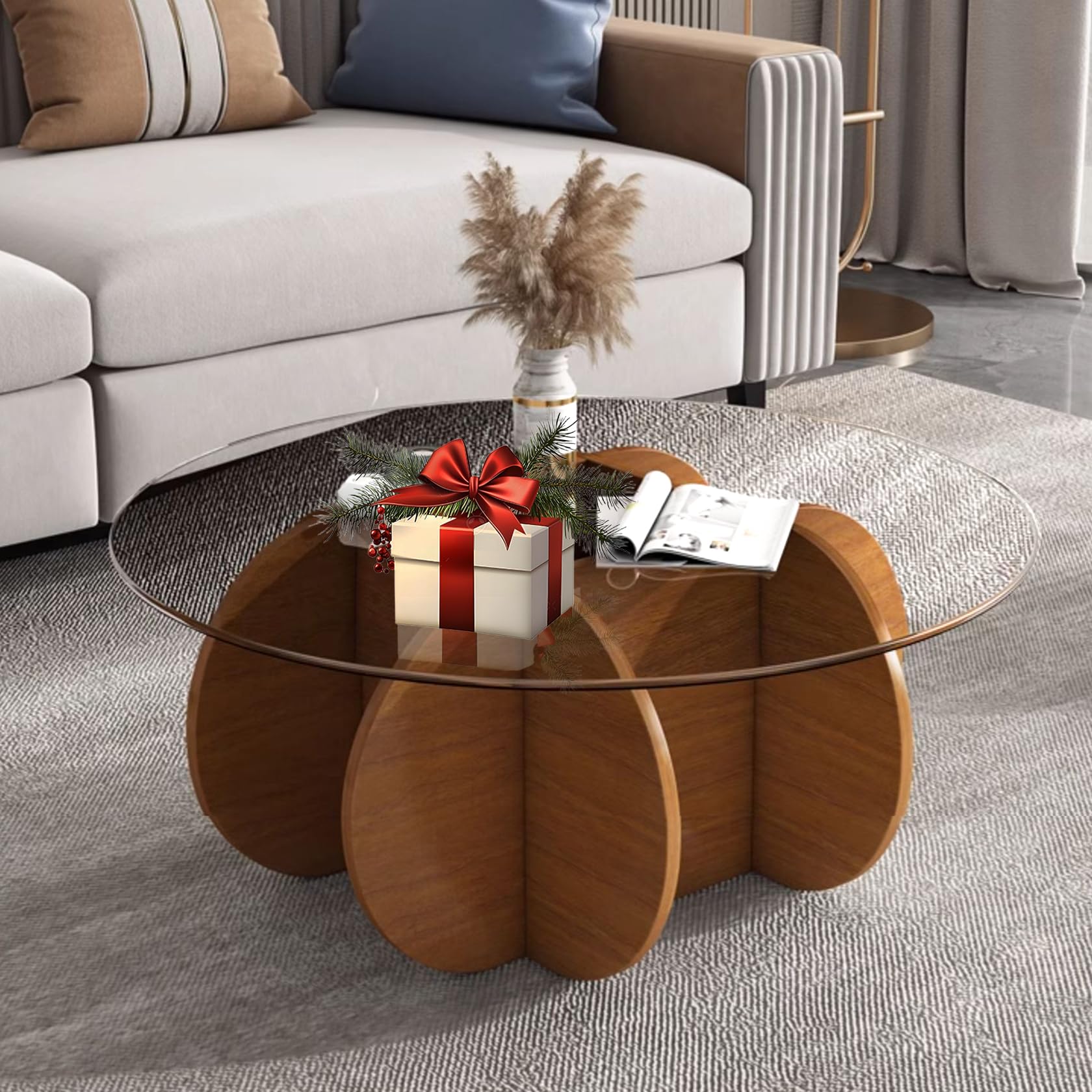 Glass Coffee Tables for Living Room Modern Elegant Round Coffee Table Mid Century Farmhouse Center Table with Solid Wood Frame and Tempered Glass Tabletop, Easy Assembly,31.5'' INCOMPLETE 