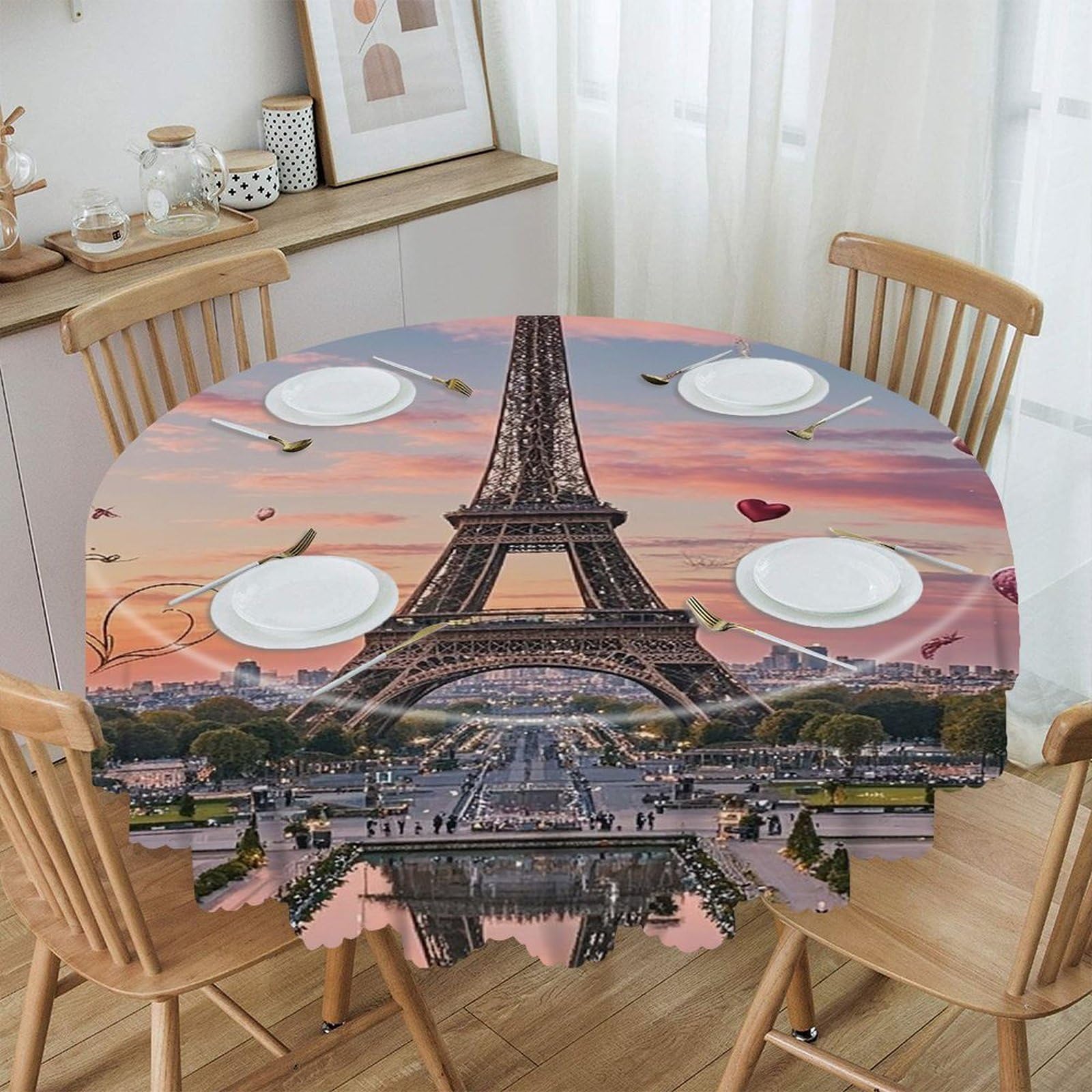 VstaDank Romantic Paris Eiffel Tower Round Tablecloth 60 Inch Easy to Clean Circle Table Cover Thick Decorative Round Polyester Table Cloth for Dining Kitchen Party Farmhouse Outdoor