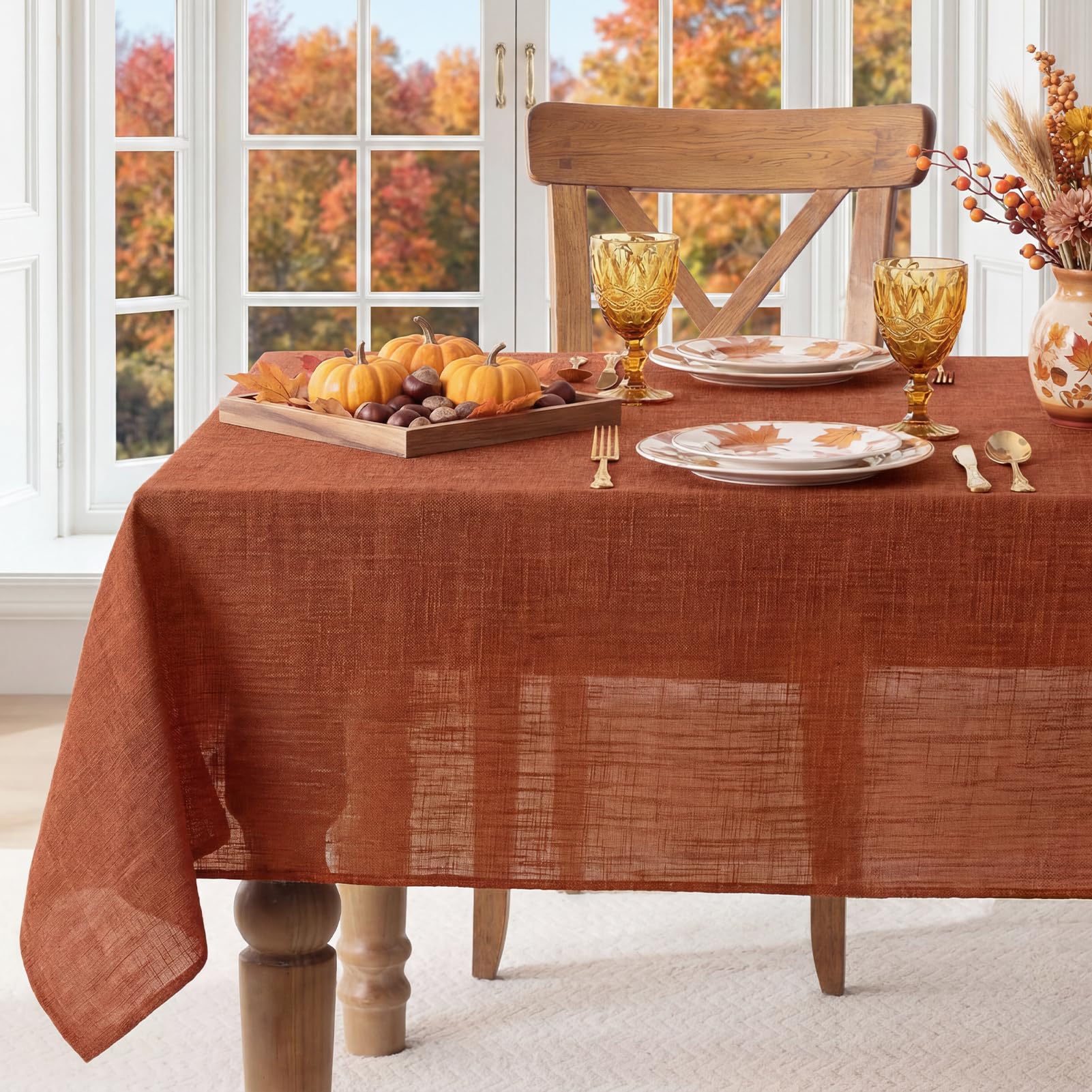 FIBORIA Faux Line Autumn Table Cloth Rectangular 140 x 240 cm Rust Wipe Clean Water Resiatant Tablecloth Stain Resistant Table Cover for Fall Decoration Birthday Party Kitchen Thanksgiving,55x94 inch — image 1