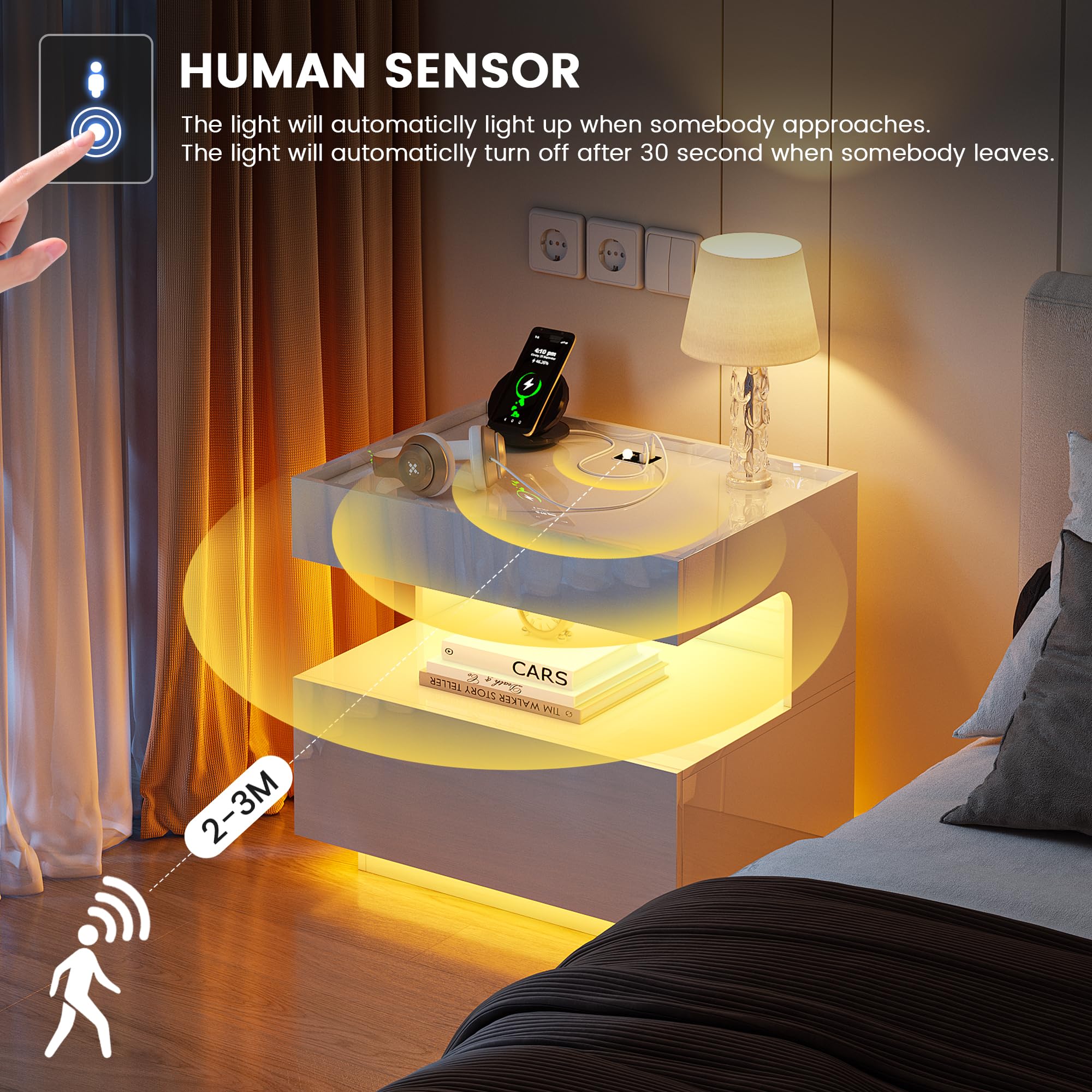 Vlsrka LED Nachttisch mit Ladestation, Nachttische mit USB-Anschlüssen | Moderner Nachttisch mit Bewegungssensor und LED-Beleuchtung, Beistelltisch mit 2 Schubladen für das Schlafzimmer, Weiß