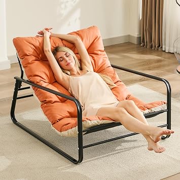 Accent Chair Sling Metal Leg Armchair, Indoor & Outdoor Oversized Recliner Patio Lounge Chair, with Extra Thick Double-Sided Cushion for Living Room, Bedroom, Porch, Backyard, Orange/Beige