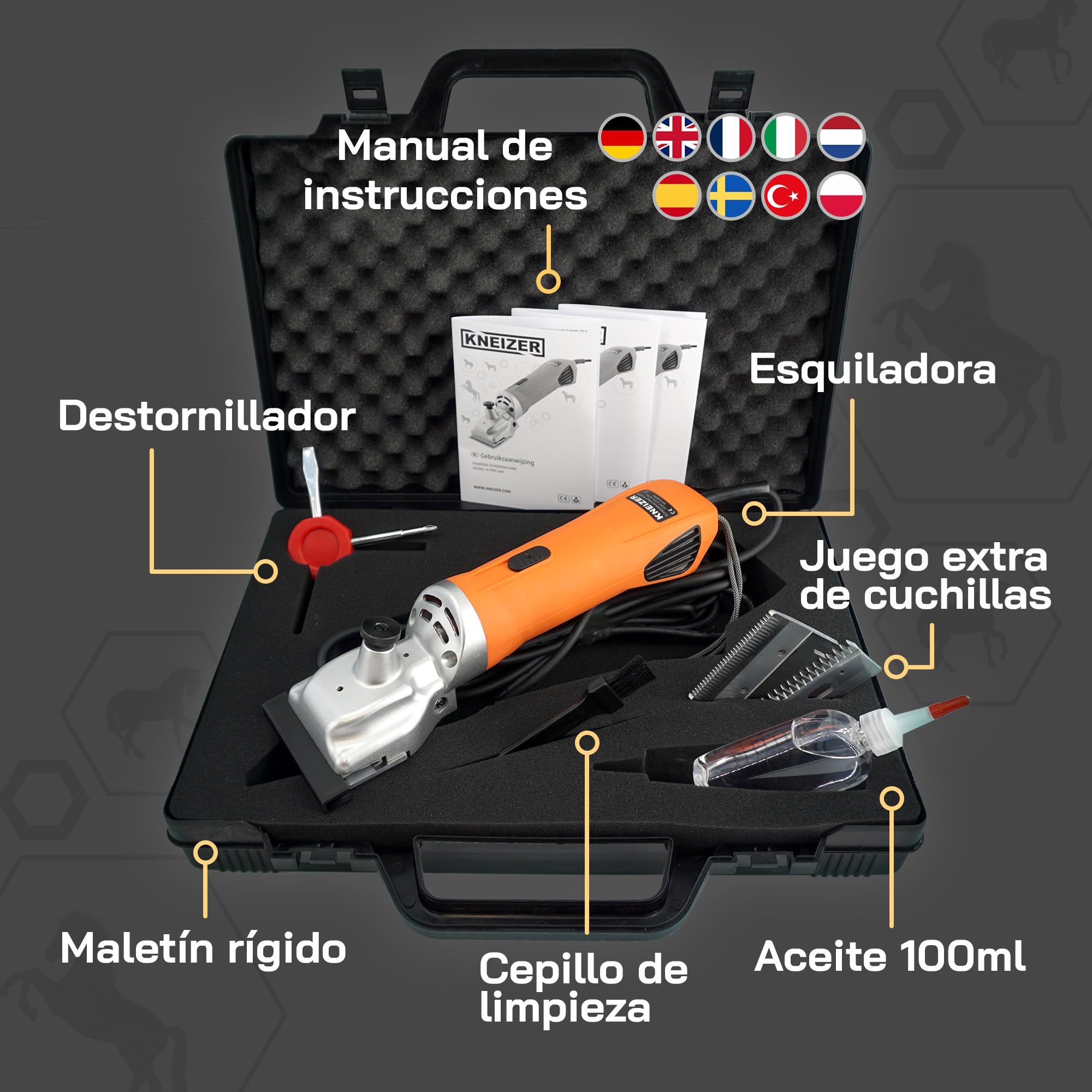 Esquiladora Caballos - Con cuchillas intercambiables – Silenciosa y de bajas vibraciones – Tranquilidad para el caballo – Adecuada para todo tipo de pelajes y partes del cuerpo
