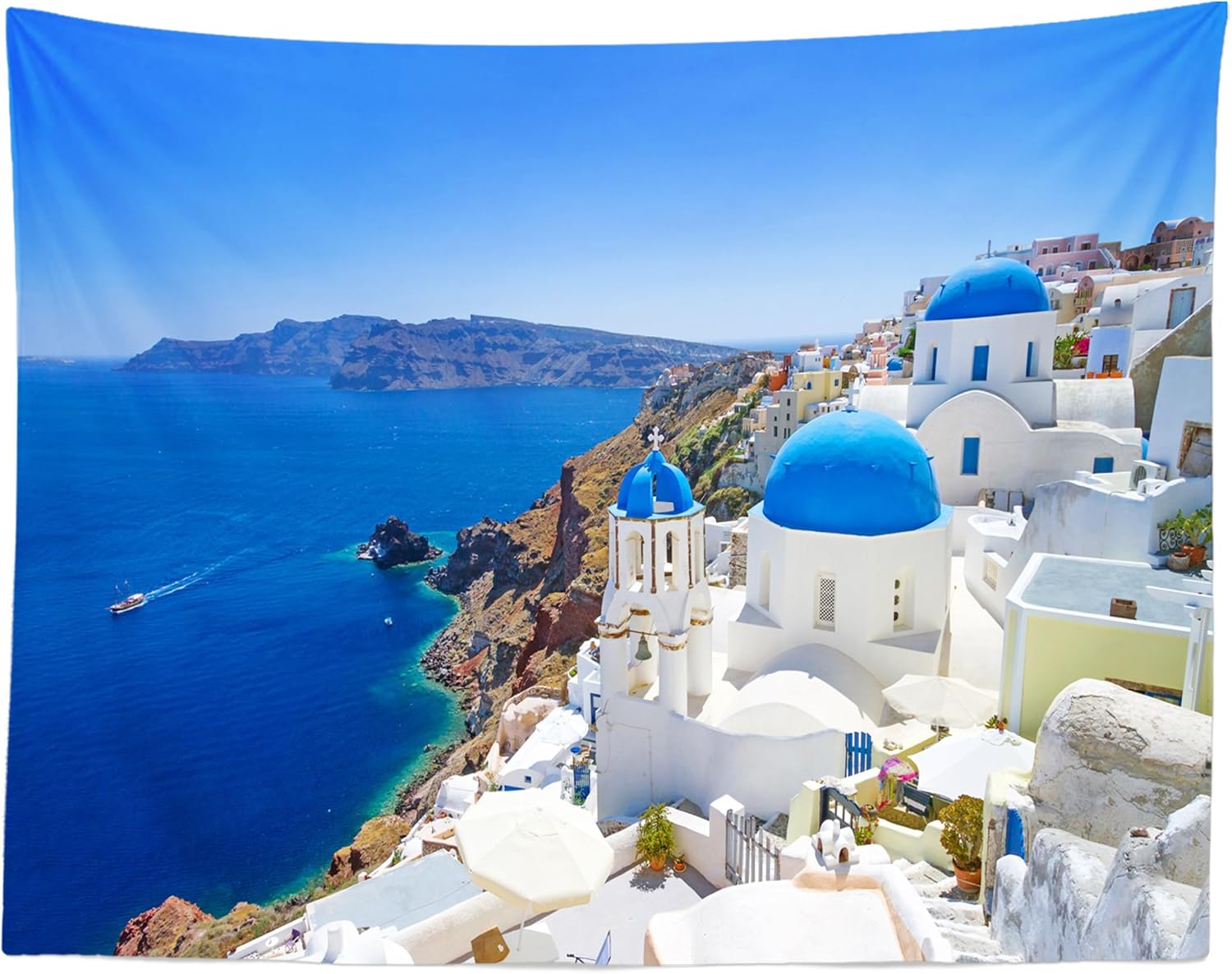 Loccor Greece Santorini Island Tapestry Greek Oia Village Building Blue Coastline Wall Tapestry Europe Landmark Wall Hanging Aegean Sea View Wall Art for Living Room Bedroom Dorm Home Decor 80x60inch