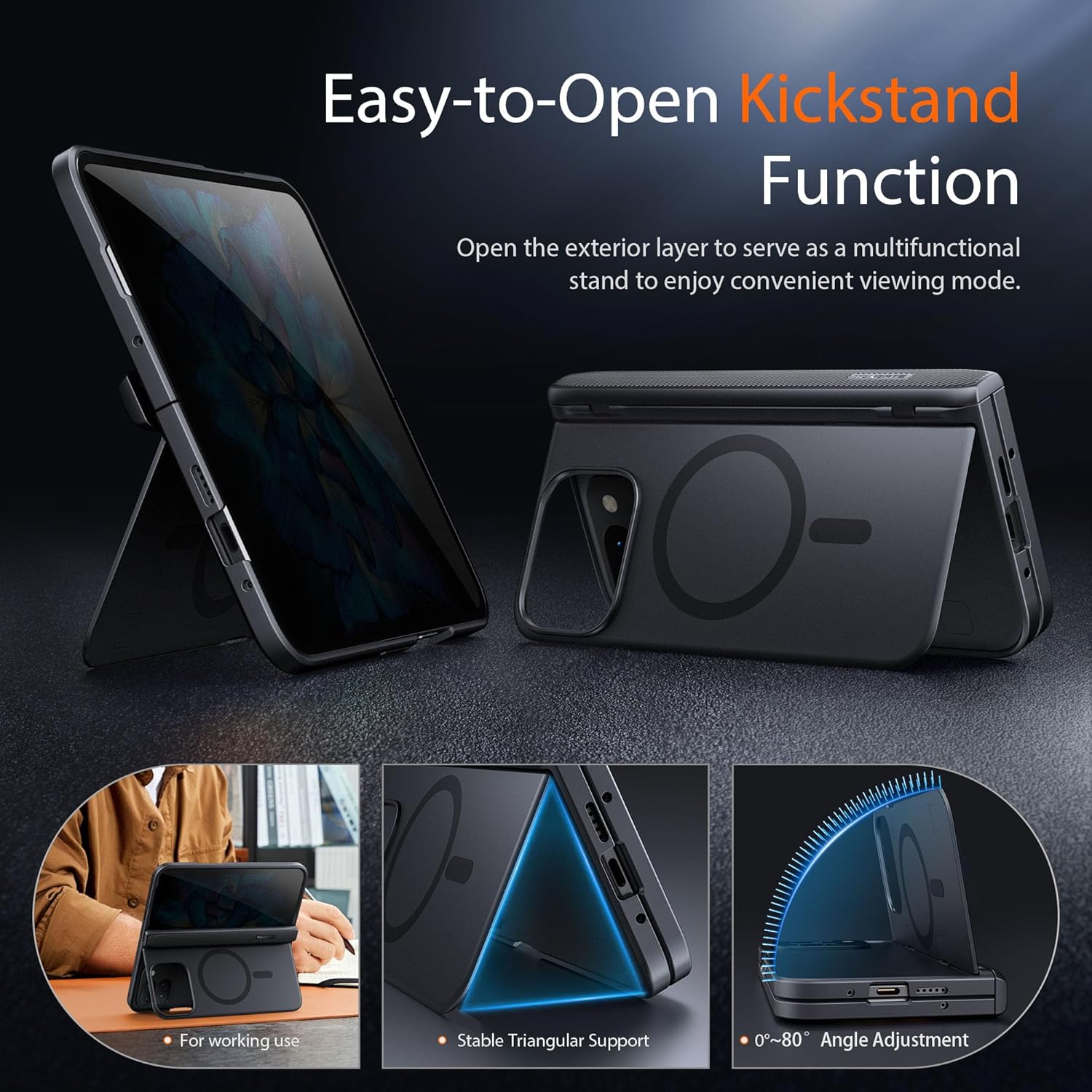 TONGATE Magnetic for Pixel 9 Pro Fold Case with Privacy Screen Protector, [Compatible with MagSafe] Rugged Phone Case for Google Pixel 9Pro Fold Built in Stand & Hinge Protection, Black Privacy Film