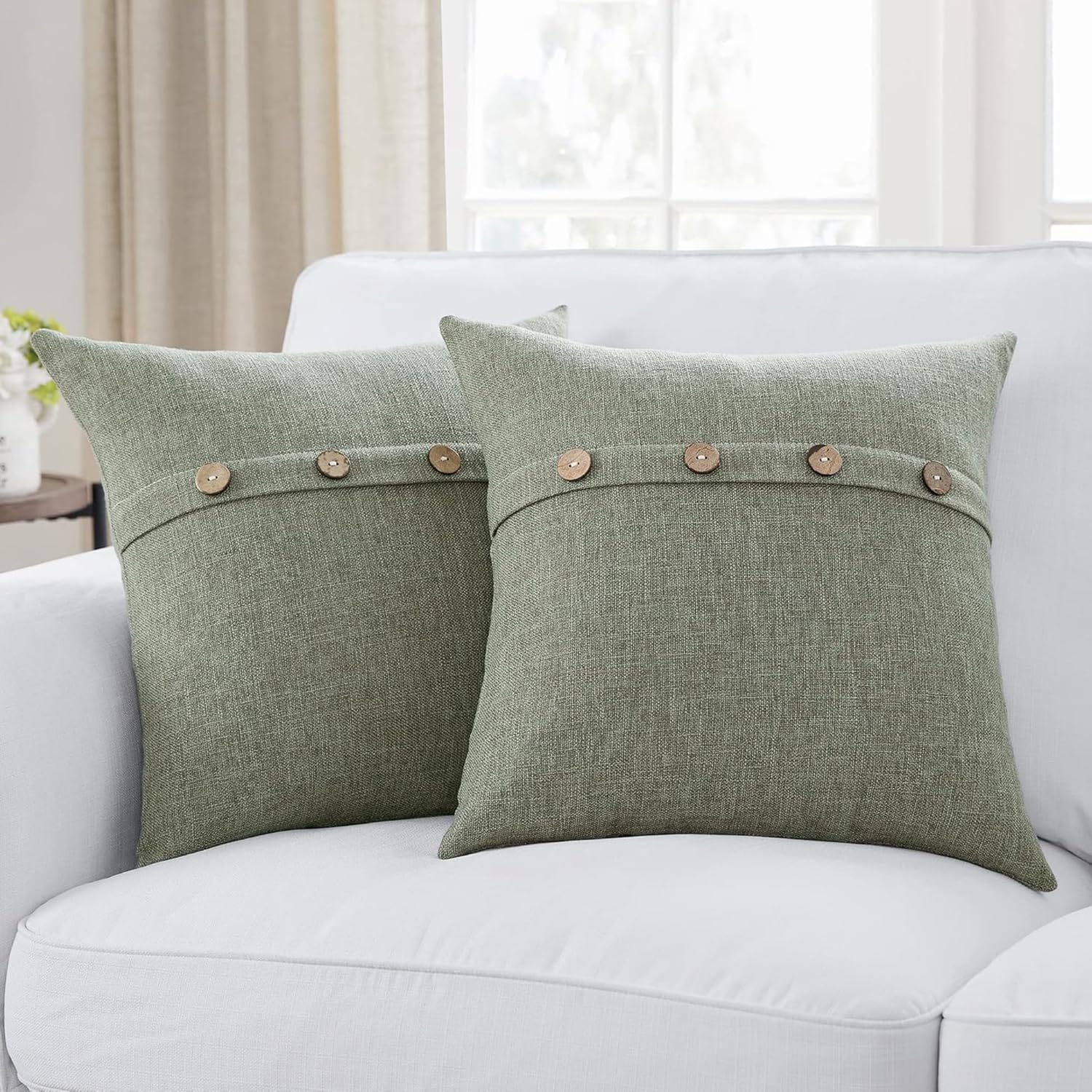 Meekio Set of 2 Dark Sage Square Pillow Covers 22 x 22 Farmhouse Boho Pillow Covers with Coconut Buttons for Sofa Couch Living Room Bedroom Farmhouse
