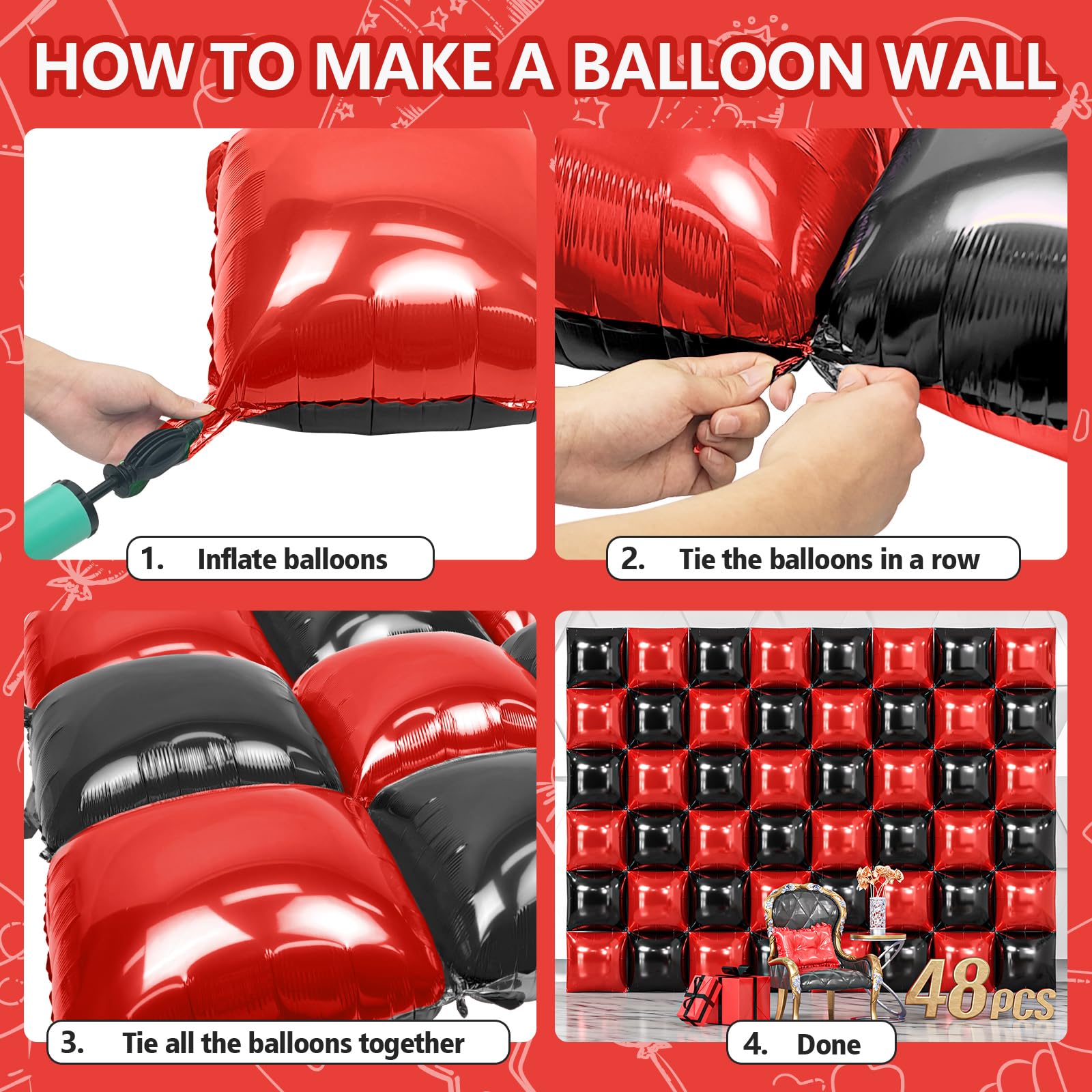 NISOCY 48 globos cuadrados de papel de aluminio rojo y negro para telón de fondo de pared de doble cara, kit de arco de globos rojos y negros para cumpleaños, día de San Valentín, Halloween