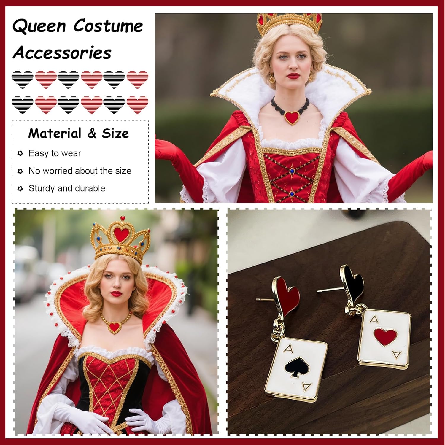 Dcfywl731 Queen of Hearts Costume Women Red Heart Necklace Earrings Set Black Choker Necklaces for Women Gothic Vampire Queen Costume Jewelry Accessories - Image 3