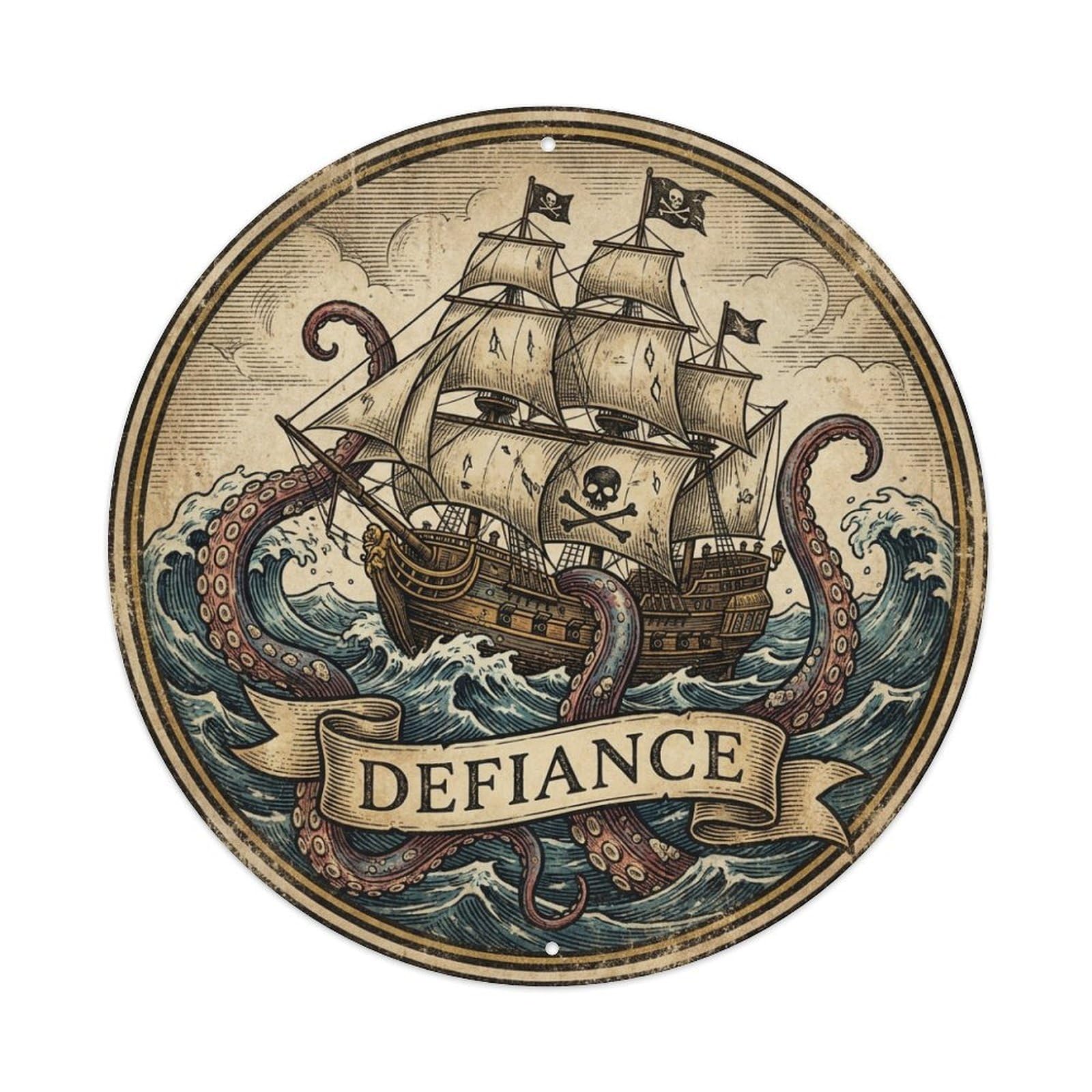 Resistance Pirate Ship Octopus Waves Nautical Motto Metal Tin Sign