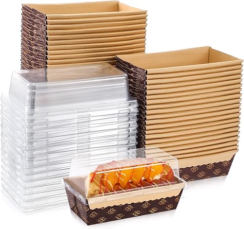 50 moldes de papel desechables para hornear con tapas, moldes de papel desechables para pasteles, pan, horno, panadería (6 x 2.5 x 2 pulgadas)