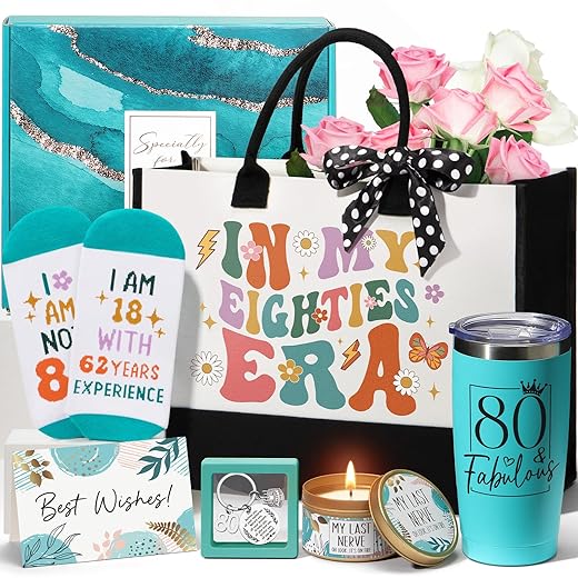 MAYICIVO 80th Birthday Gifts for Women, Best 1946 Gifts Basket for 80 Year Old Women 80th Happy Birthday Ideas for Mom Sister Friend Wife Grandma w/Canvas Tote Bag