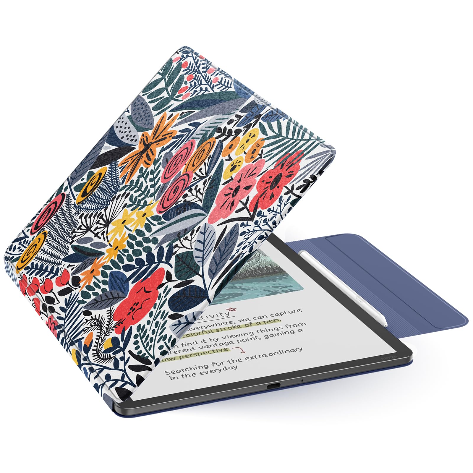Moko Funda Magnética para Kindle Scribe 11" (3ª Generación),Flor. Hoj. AZ. | y Kindle Scribe Colorsoft (1ª Generación), Funda de Folio Premium de PU con Cierre de lápiz y Auto Sueño/Estela
