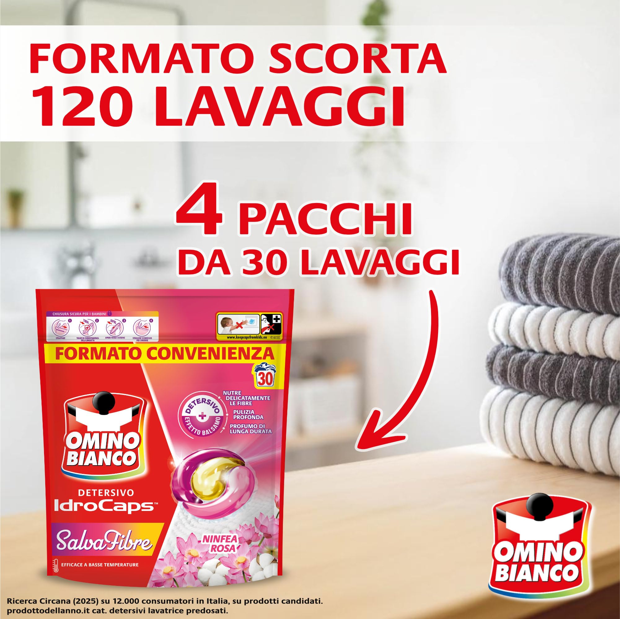 Omino Bianco Idrocaps - Detersivo Lavatrice In Capsule Salva Fibre, 120 Lavaggi, Efficace a Basse Temperature, Profumo Ninfea Rosa, 30 Caps x 4 Confezioni