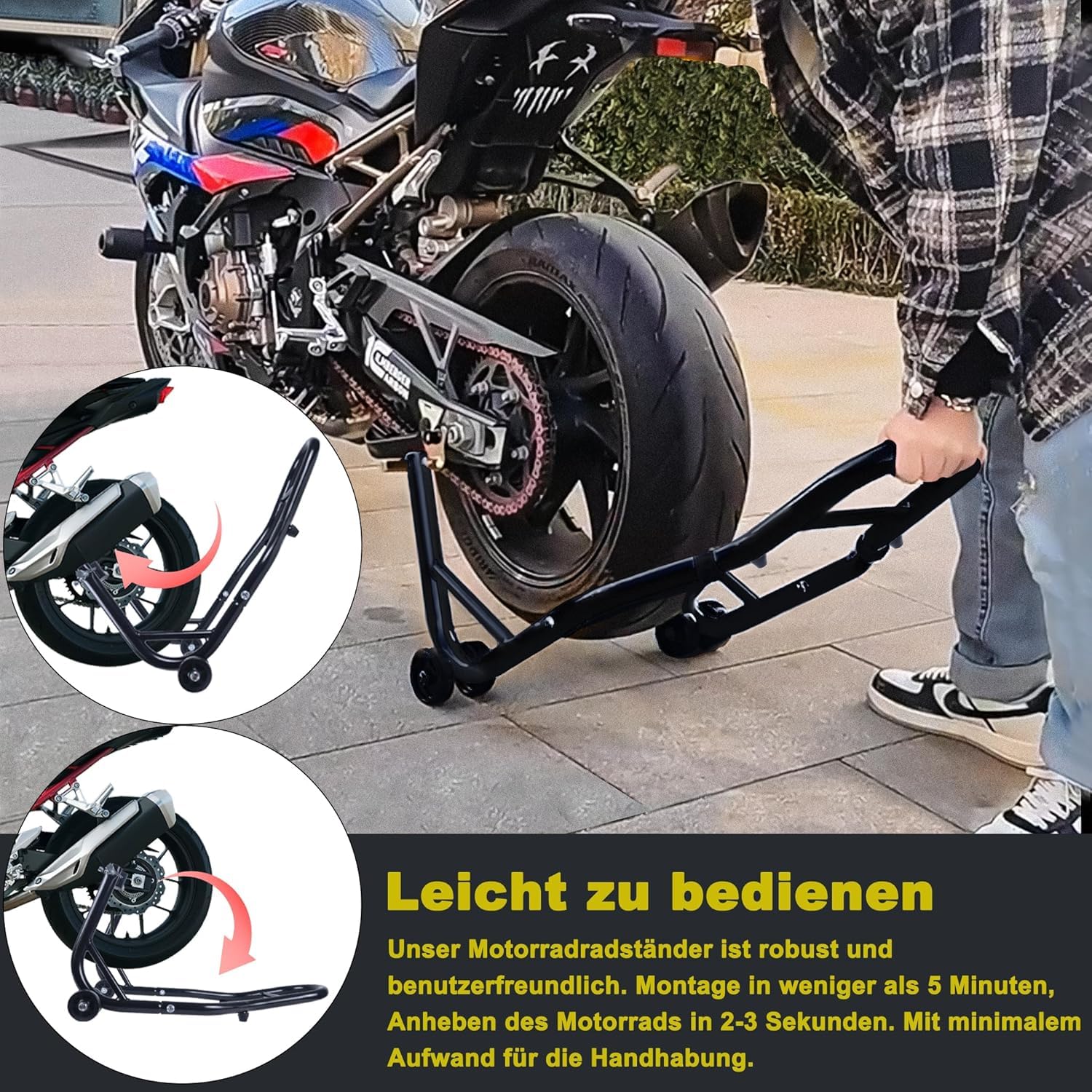 LZQ 2-częściowy zestaw stojaków na motocykl, przód i tył, stojak montażowy na kółkach, podnośnik motocyklowy, czarny