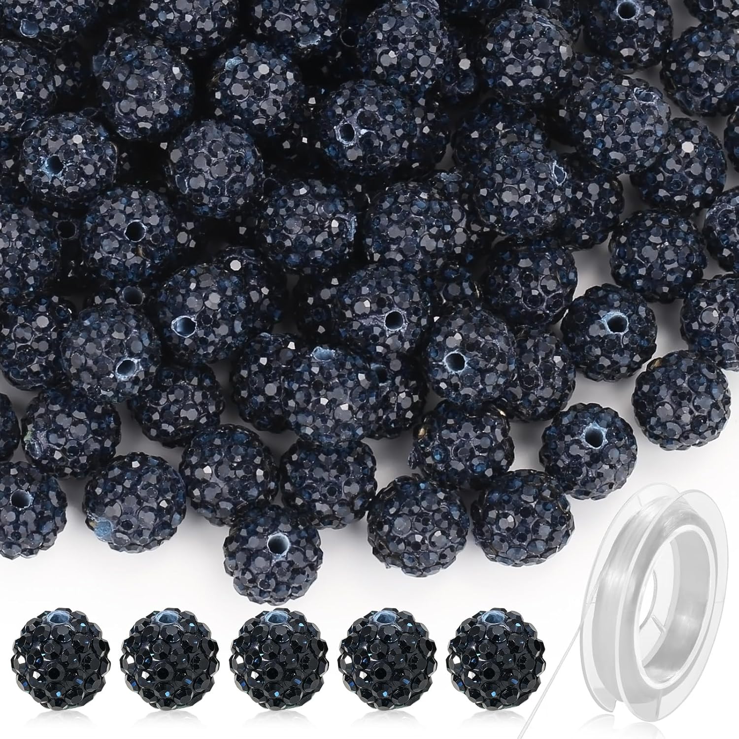 120 Pcs Clay Rhinestone Beads 10mm for Jewelry Making, Bling Sparkle Rhinestone Beads with Elastic String for Bracelet Necklace Earring Jewelry Making (Navy Blue)