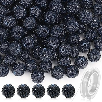 120 Pcs Clay Rhinestone Beads 10mm for Jewelry Making, Bling Sparkle Rhinestone Beads with Elastic String for Bracelet Necklace Earring Jewelry Making Navy Blue
